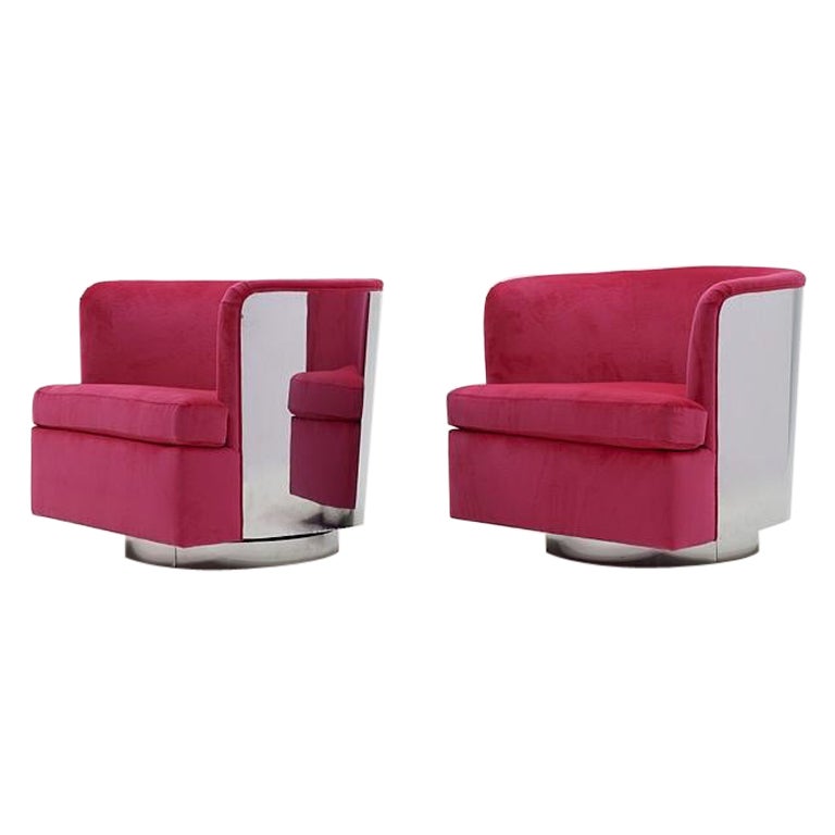 Pair Milo Baughman Tilt Swivel Chairs. Chrome Backs, Hot Pink Upholstery