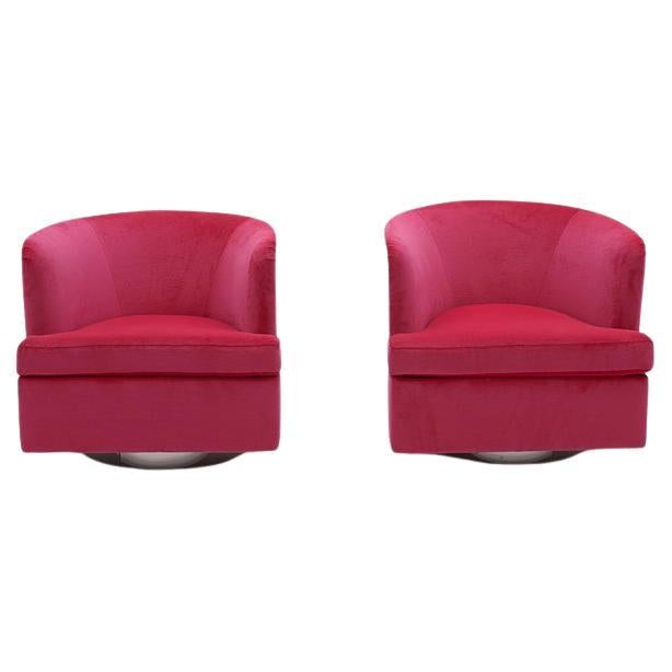 Pair Milo Baughman Tilt Swivel Chairs. Chrome Backs, Hot Pink Upholstery For Sale