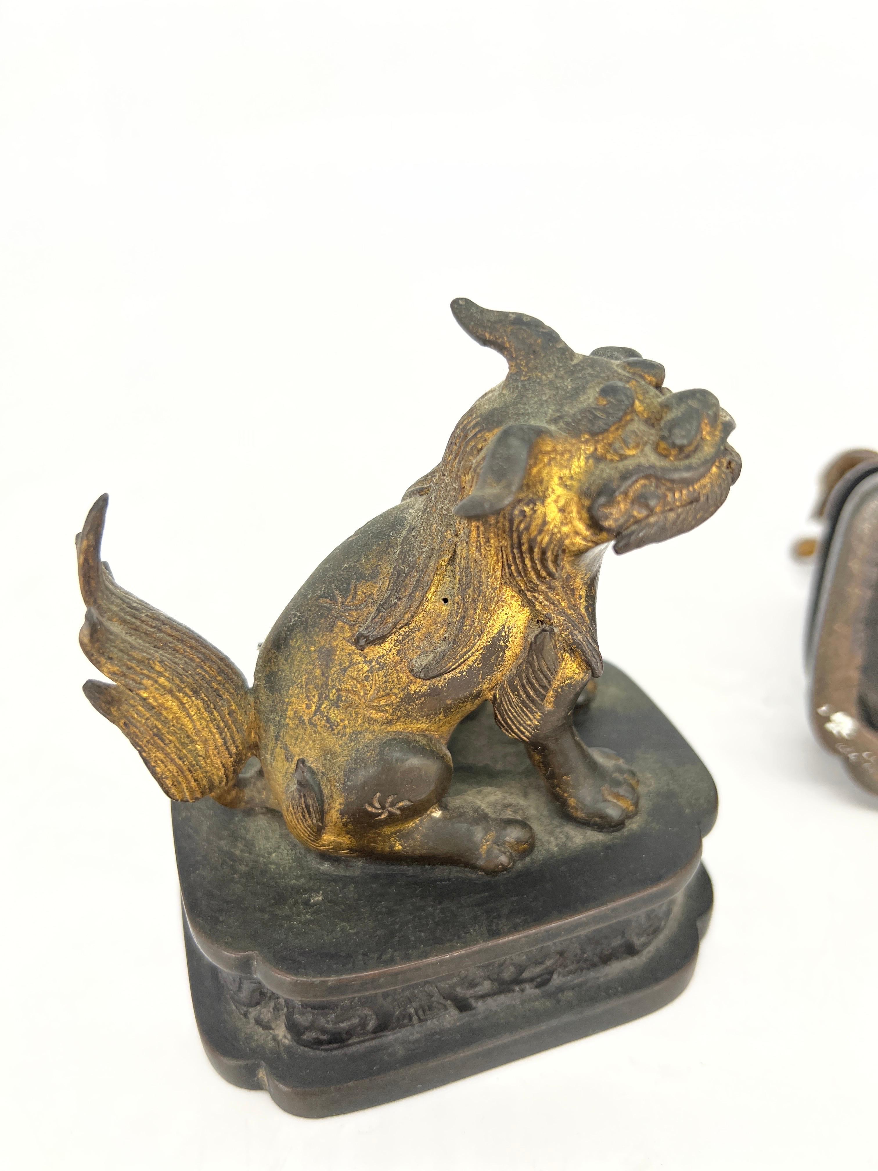 Pair, Ming Dynasty Gilt Bronze Diminutive Chinese Foo Dogs / Guardian Lions For Sale 6