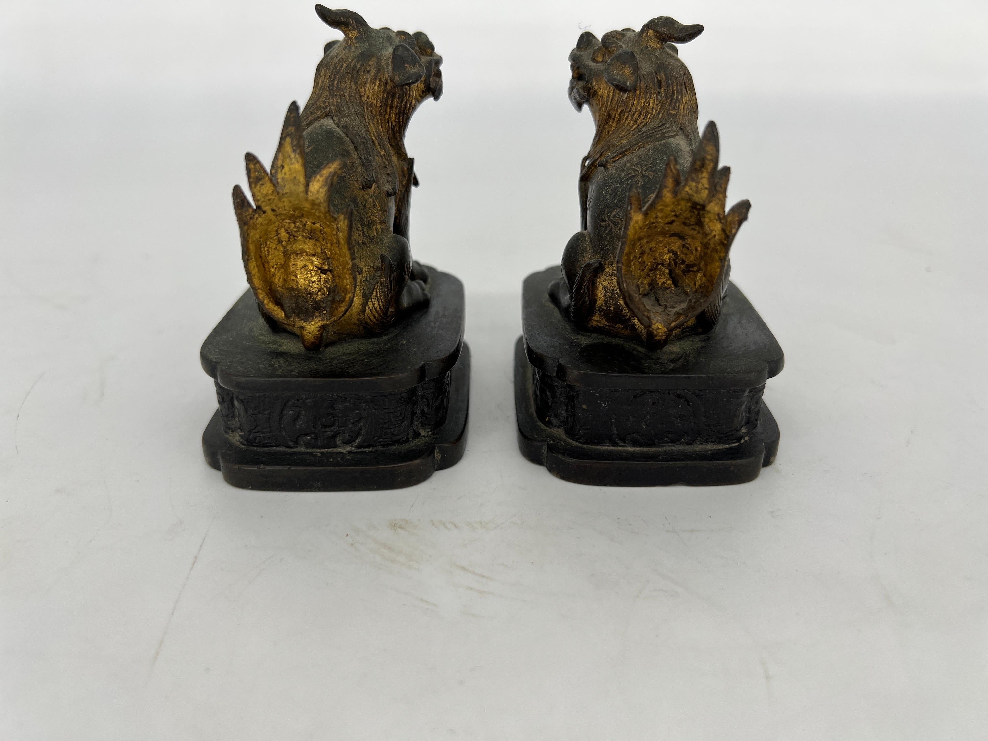 Chinese Export Pair, Ming Dynasty Gilt Bronze Diminutive Chinese Foo Dogs / Guardian Lions For Sale