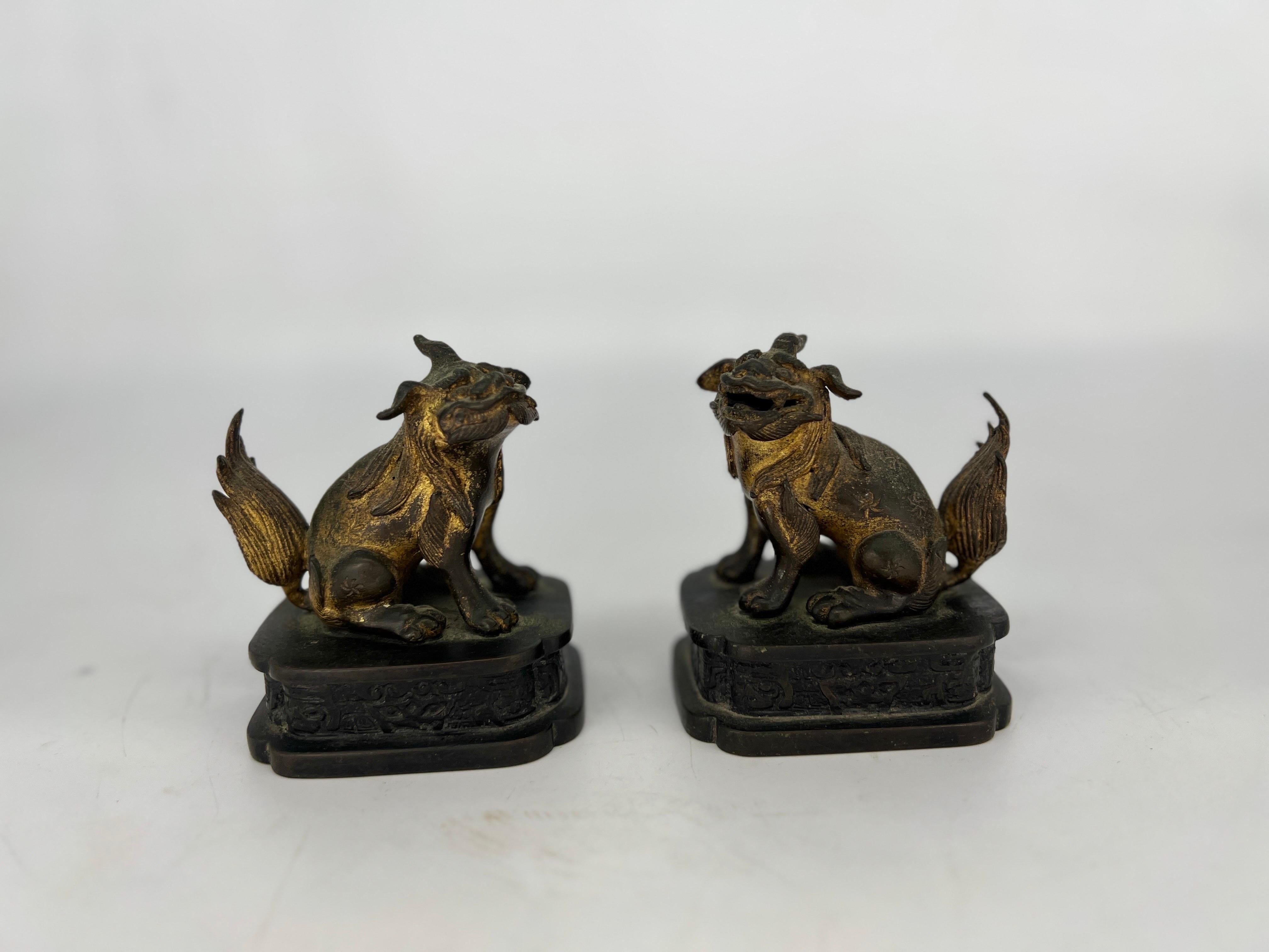 18th Century and Earlier Pair, Ming Dynasty Gilt Bronze Diminutive Chinese Foo Dogs / Guardian Lions For Sale