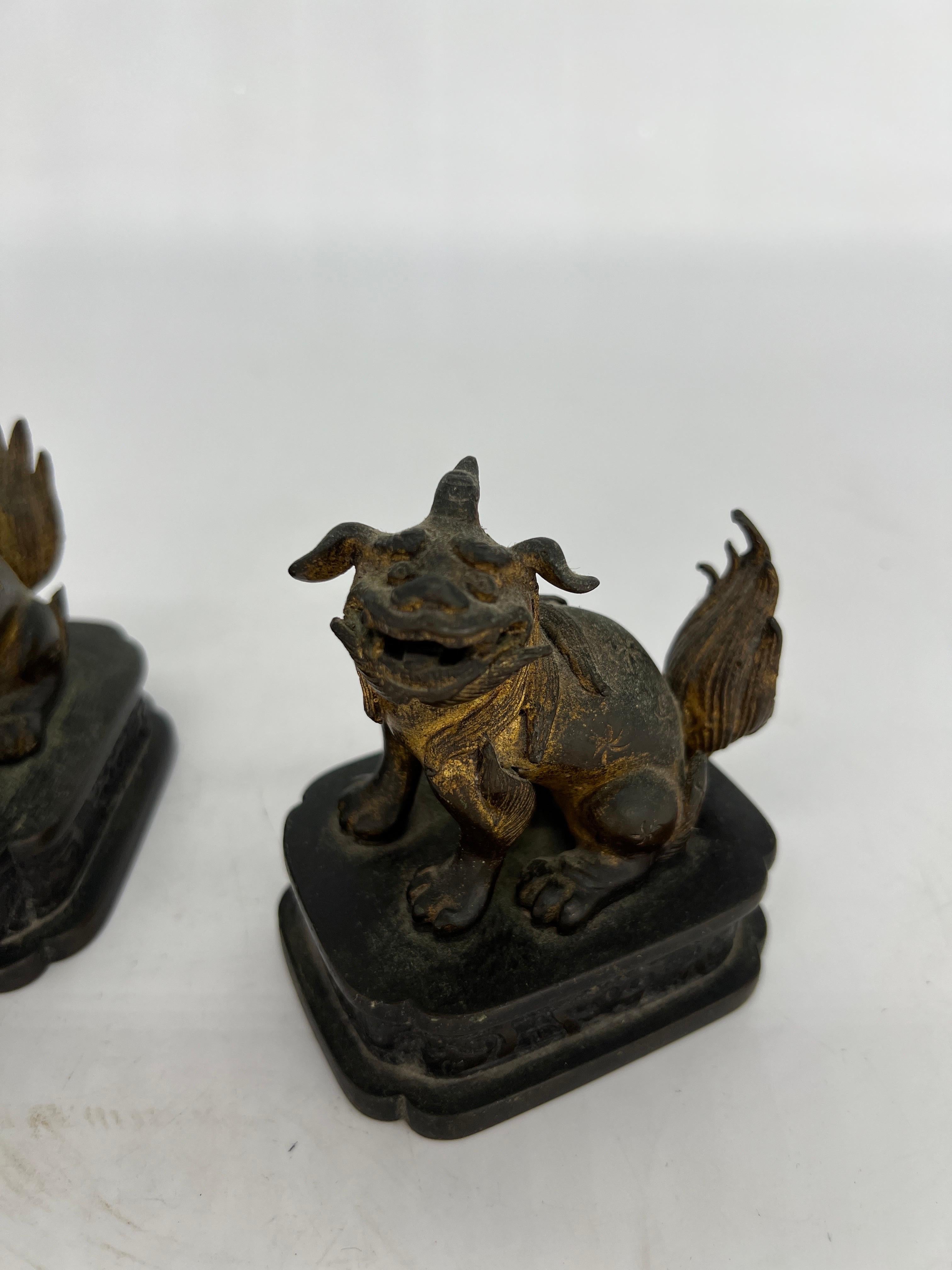 Pair, Ming Dynasty Gilt Bronze Diminutive Chinese Foo Dogs / Guardian Lions For Sale 1