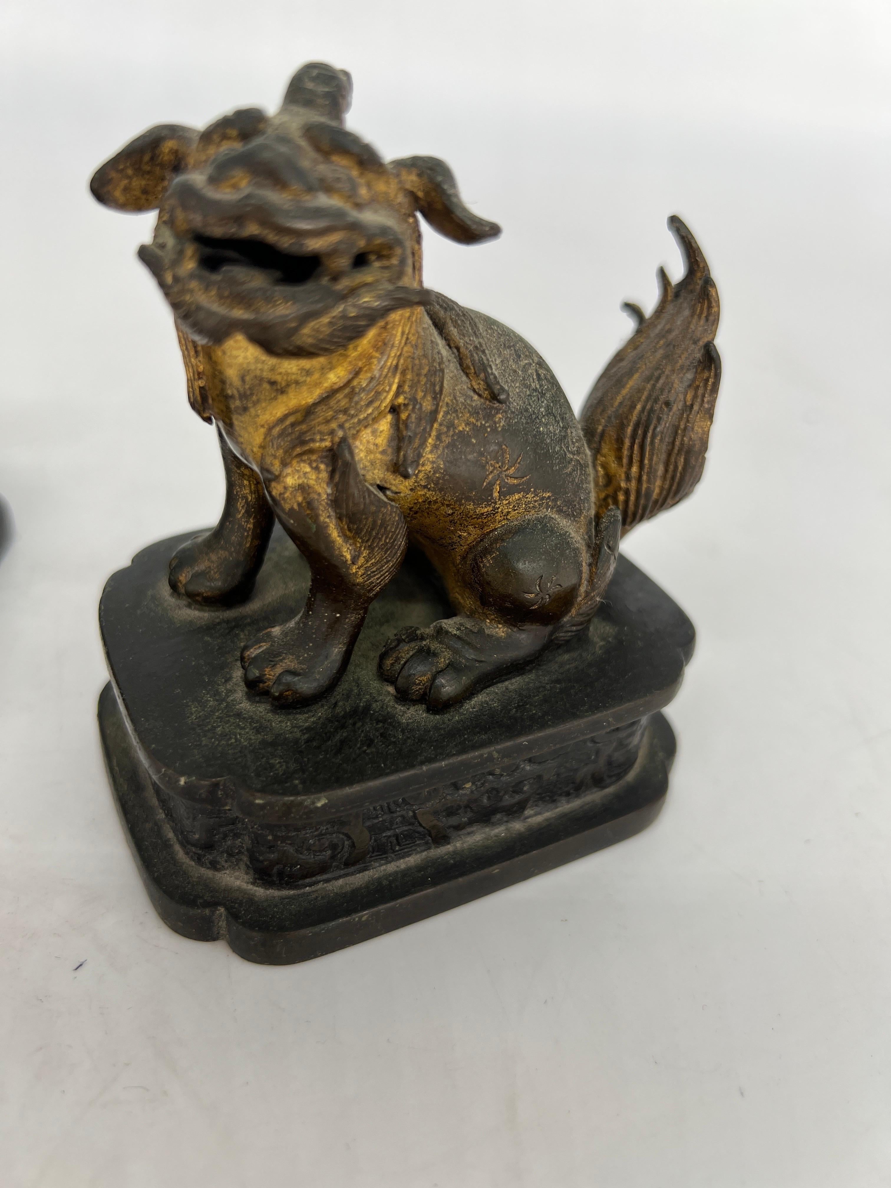 Pair, Ming Dynasty Gilt Bronze Diminutive Chinese Foo Dogs / Guardian Lions For Sale 3