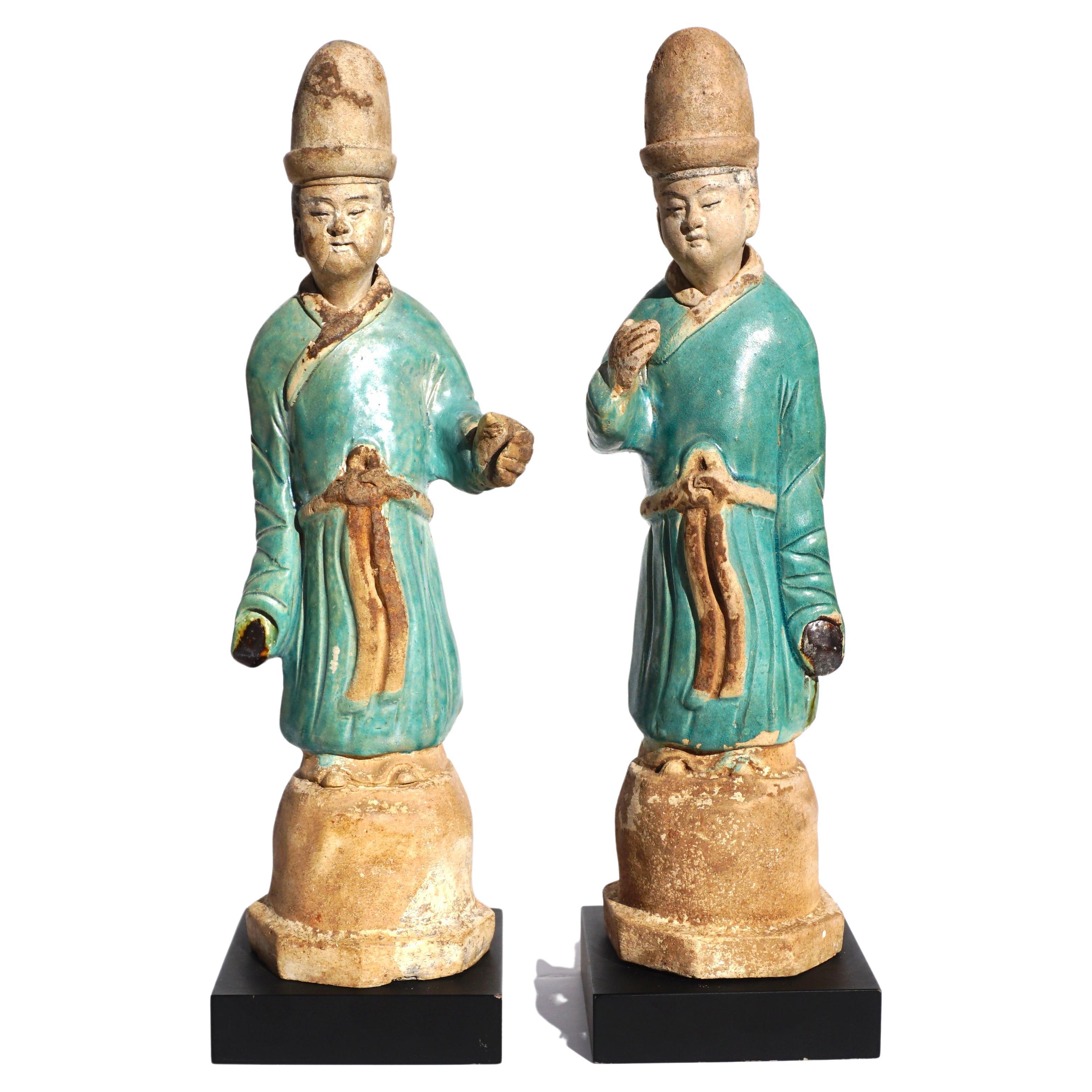 Pair Ming Dynasty Glazed Pottery Dignitary Figures For Sale