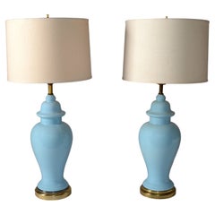 Pair, Ming Style Ginger Jar Glazed Blue Porcelain & Brass Table Lamps 1950s USA