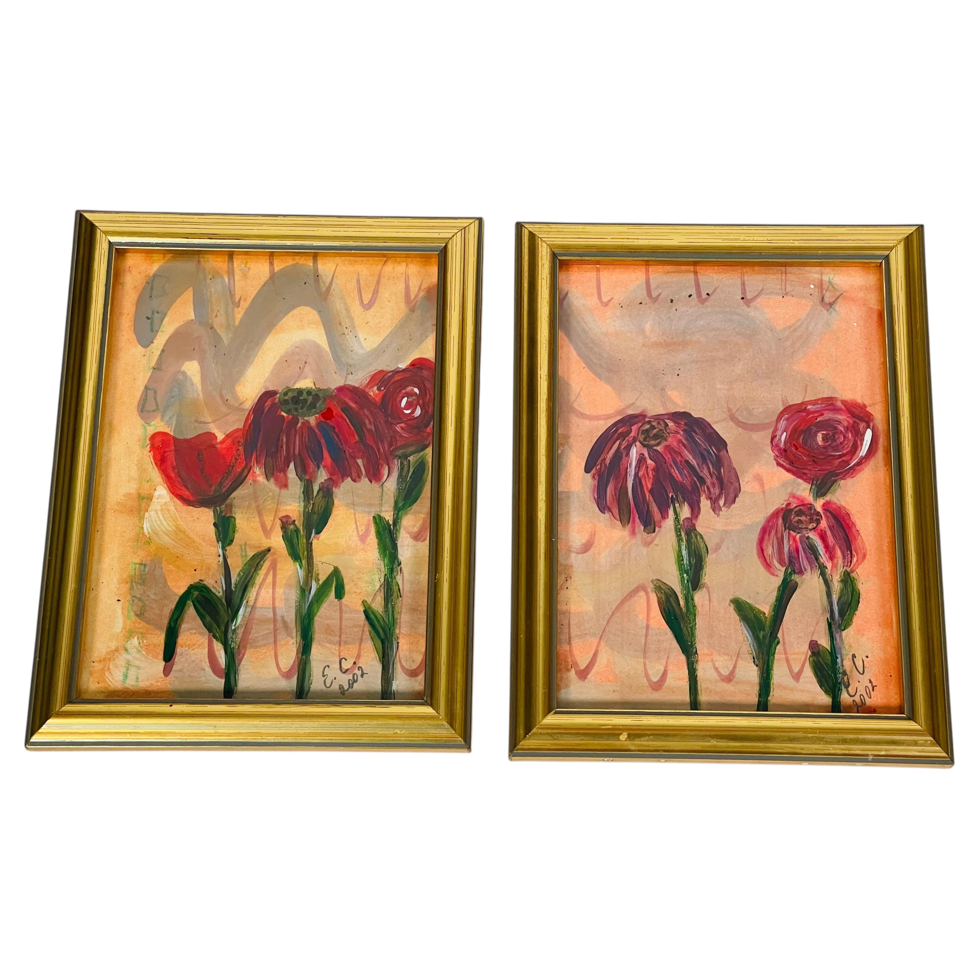 Pair Mini Abstract Floral Original Paintings Framed For Sale