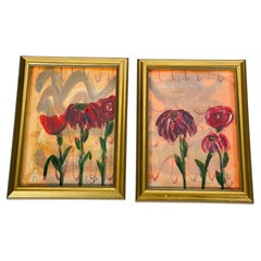 Paar Mini Abstract Floral Originalgemälde gerahmt
