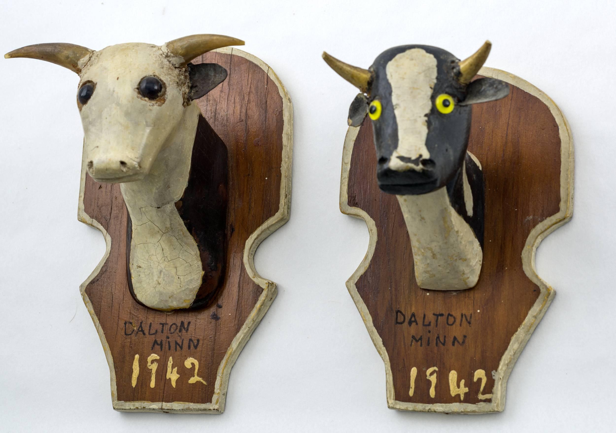 Each cow is carved from Pine with glass eyes and the original paint.
Both signed and dated on the back 