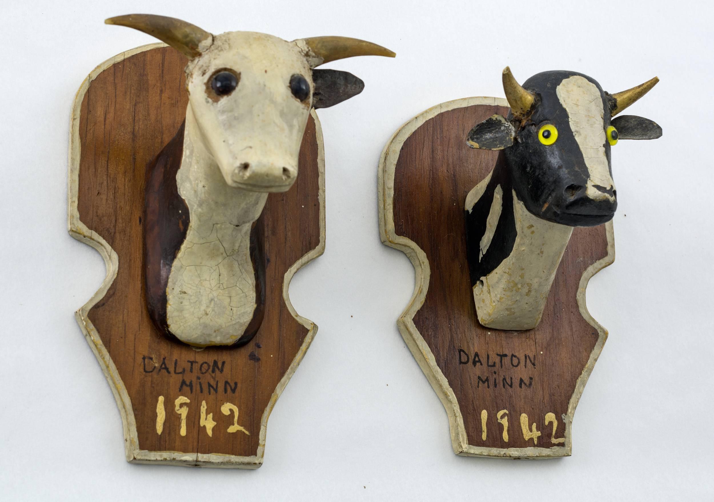 Folk Art Pair of Miniature Carved Cow Heads, Dated 1942