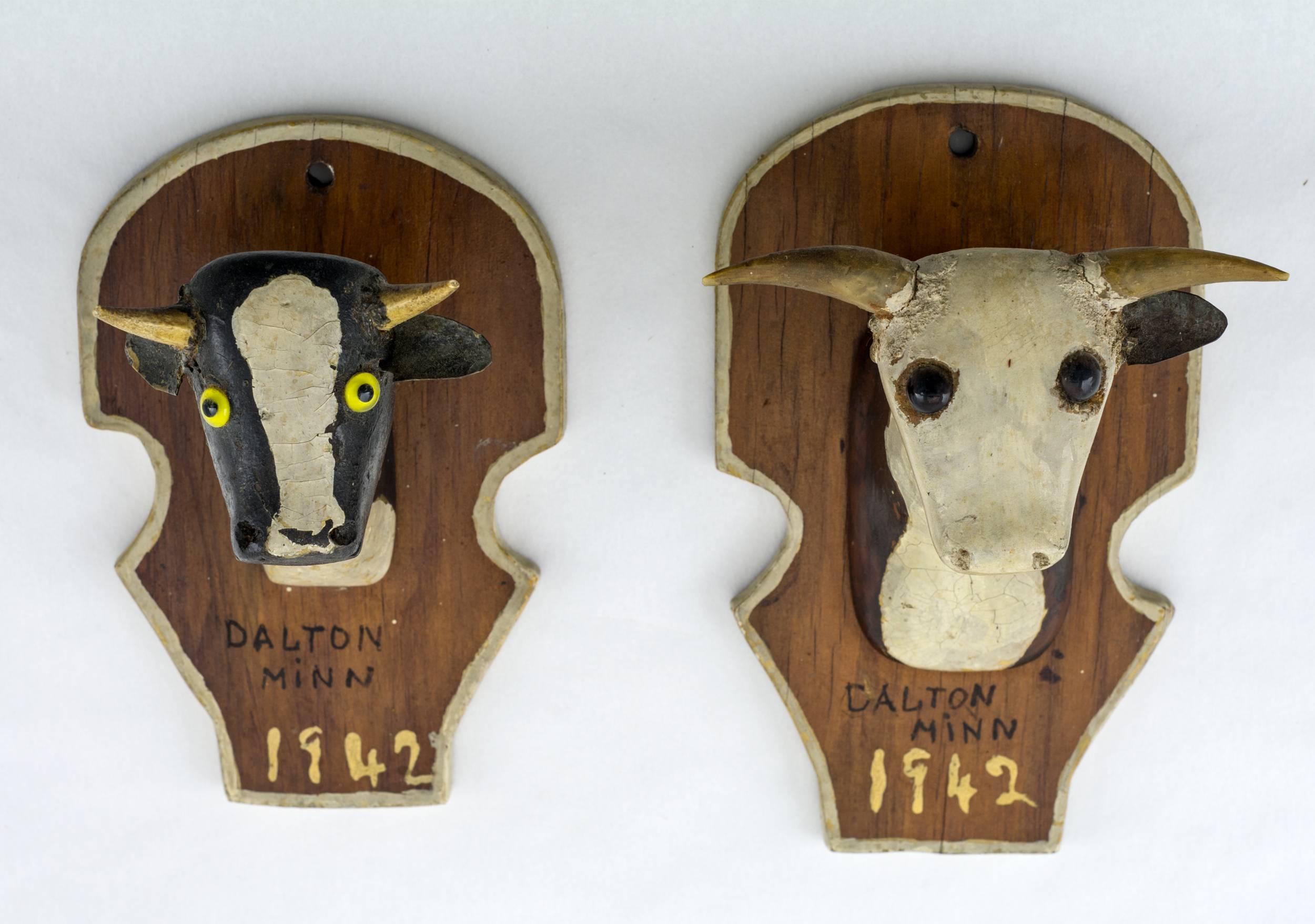American Pair of Miniature Carved Cow Heads, Dated 1942