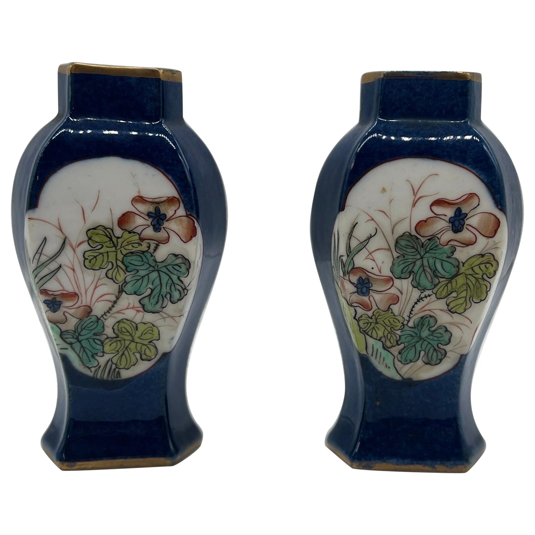 Pair, Miniature Chinese Qing Dynasty Cobalt Ground Porcelain Urns For Sale
