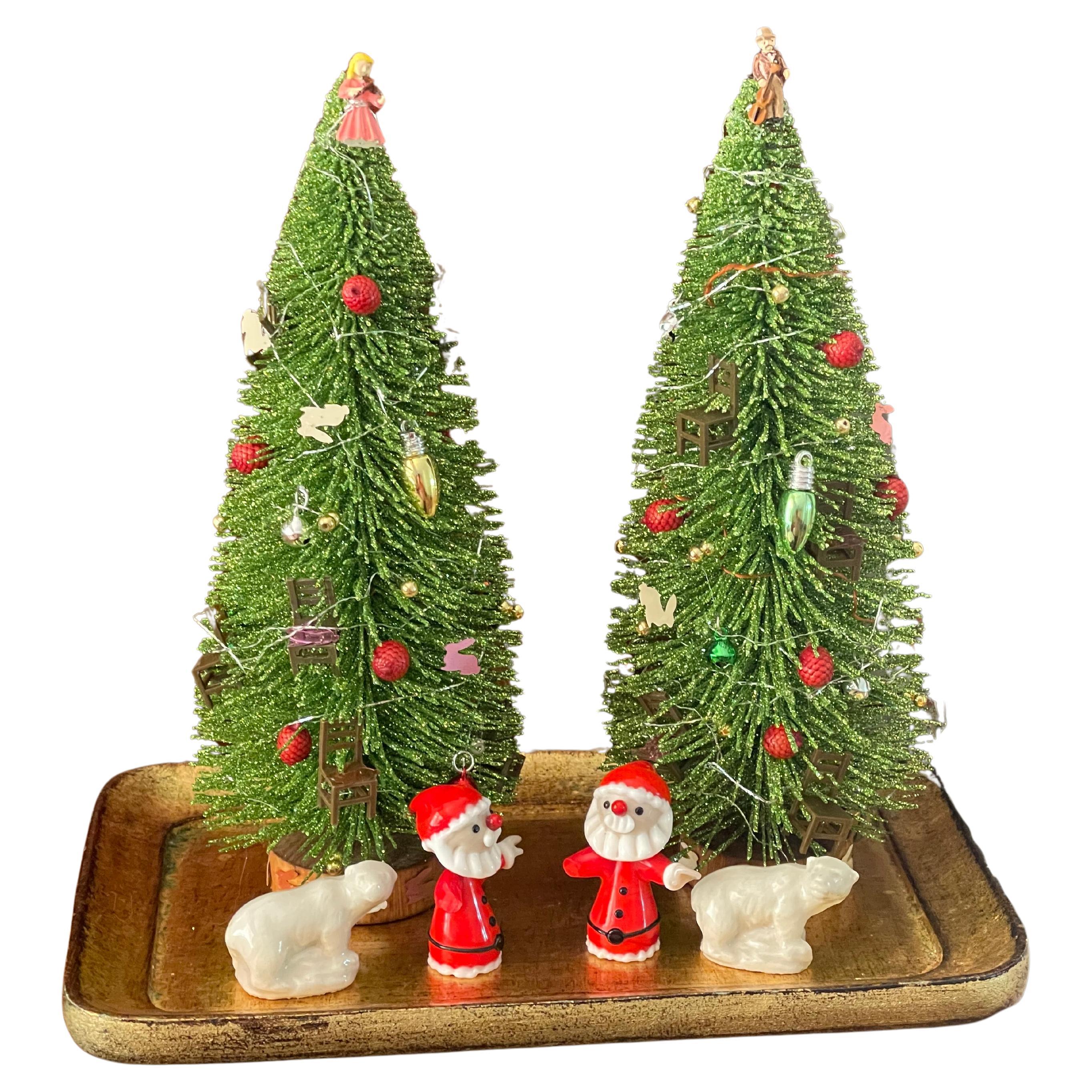 Pair Miniature Christmas Trees on Gold Tray