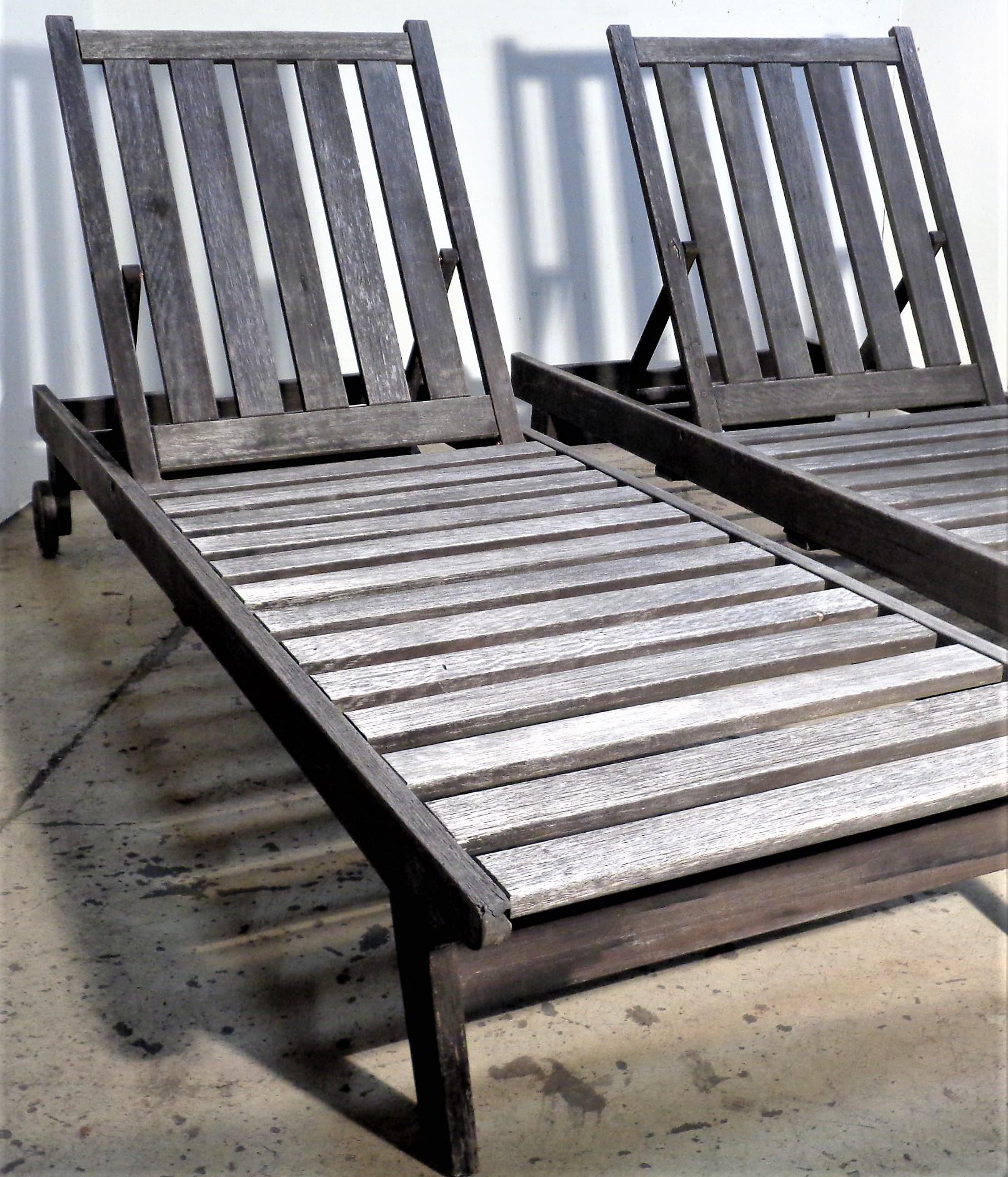 Pair Outdoor Teak Modernist Design Reclining Chaise Lounges, 1980's For Sale 14