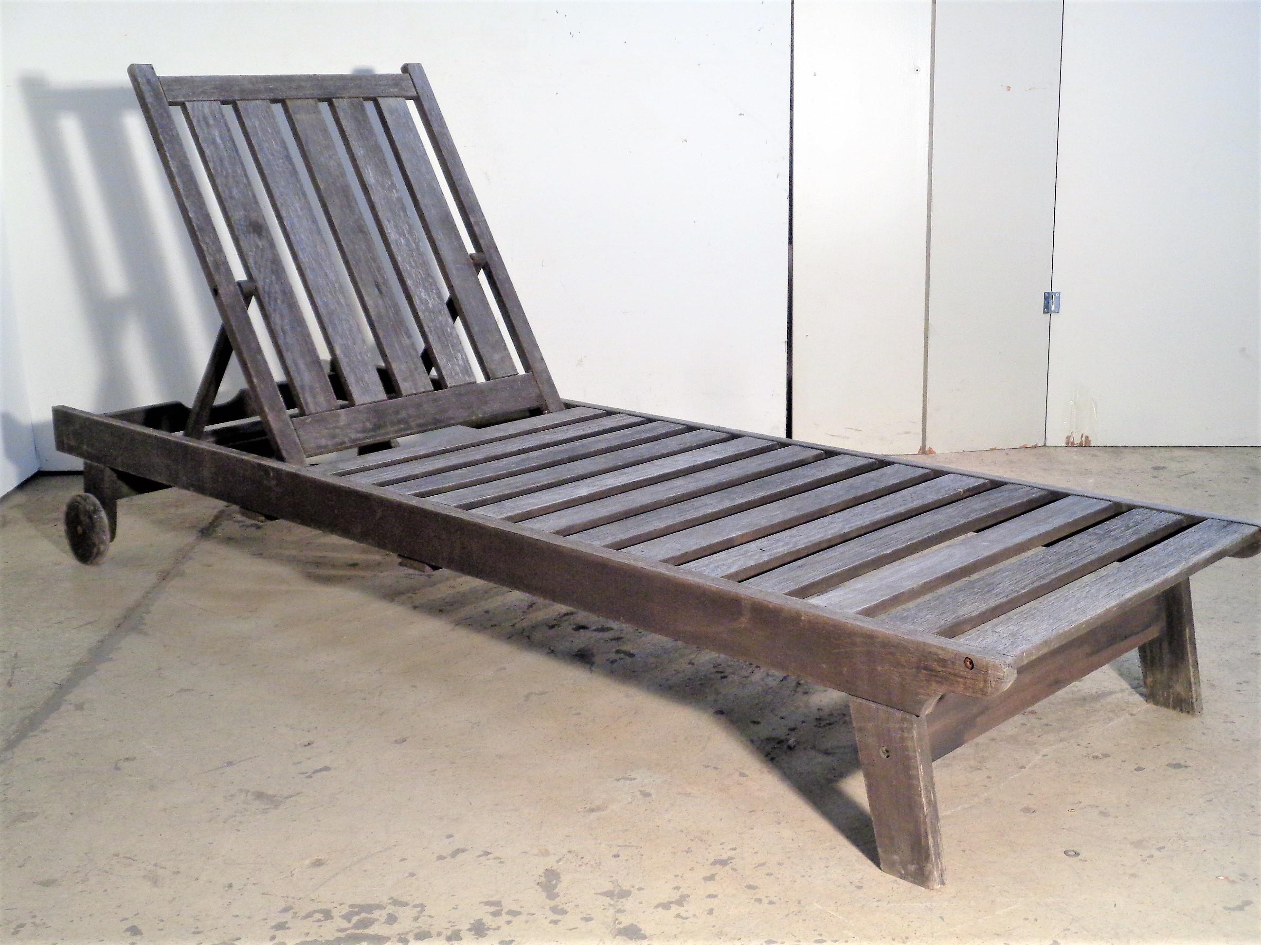 Pair Outdoor Teak Modernist Design Reclining Chaise Lounges, 1980's For Sale 2