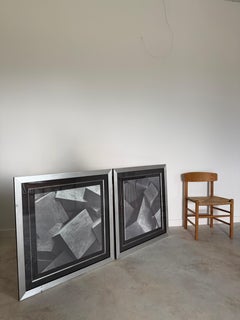 Pair Minimalist Felt Prints Framed in Vintage Metal Trim Frames Monochromatic