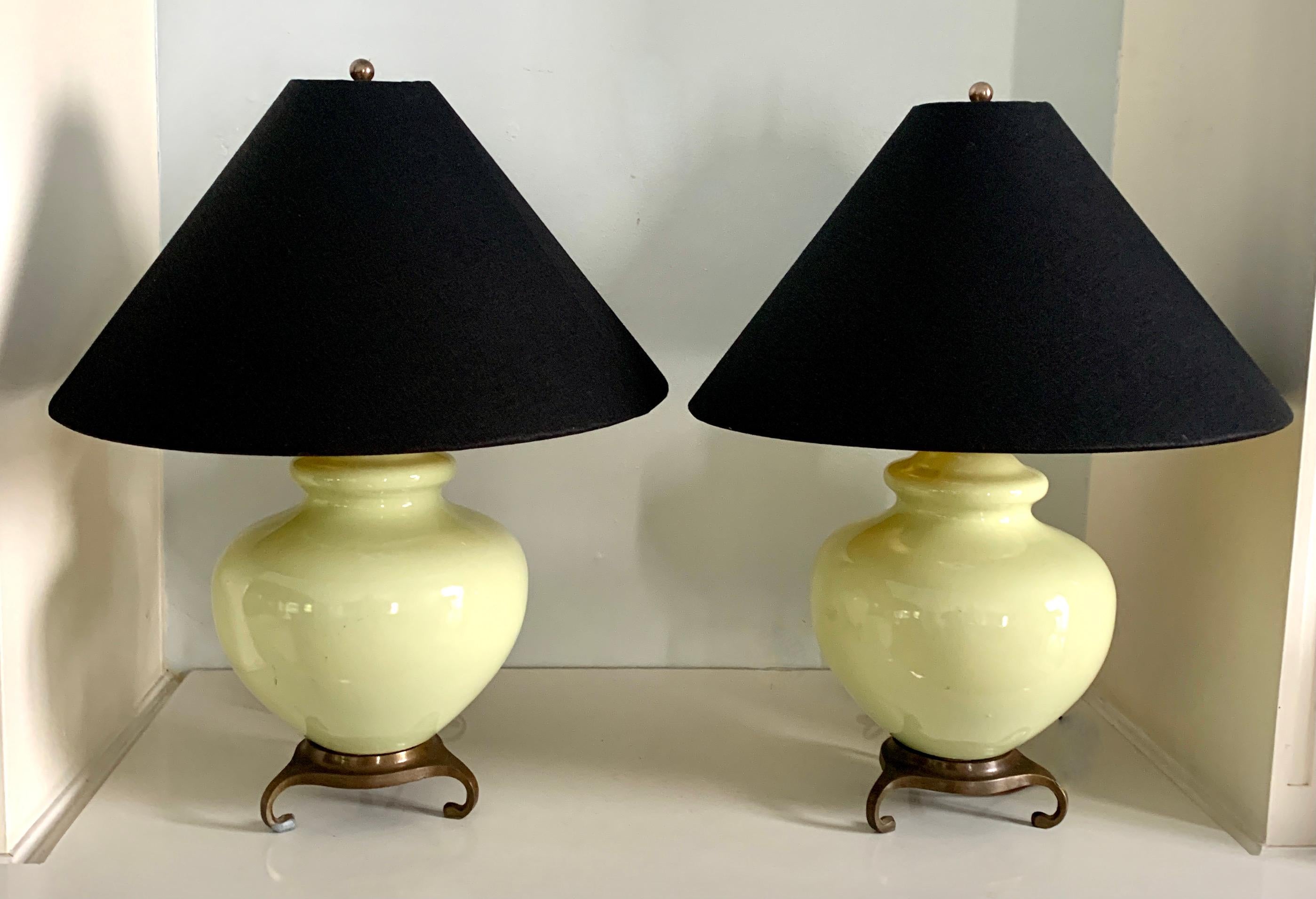 Mid-Century Modern Pair Mint Green Glass Lamps with Asian Style Brass Base