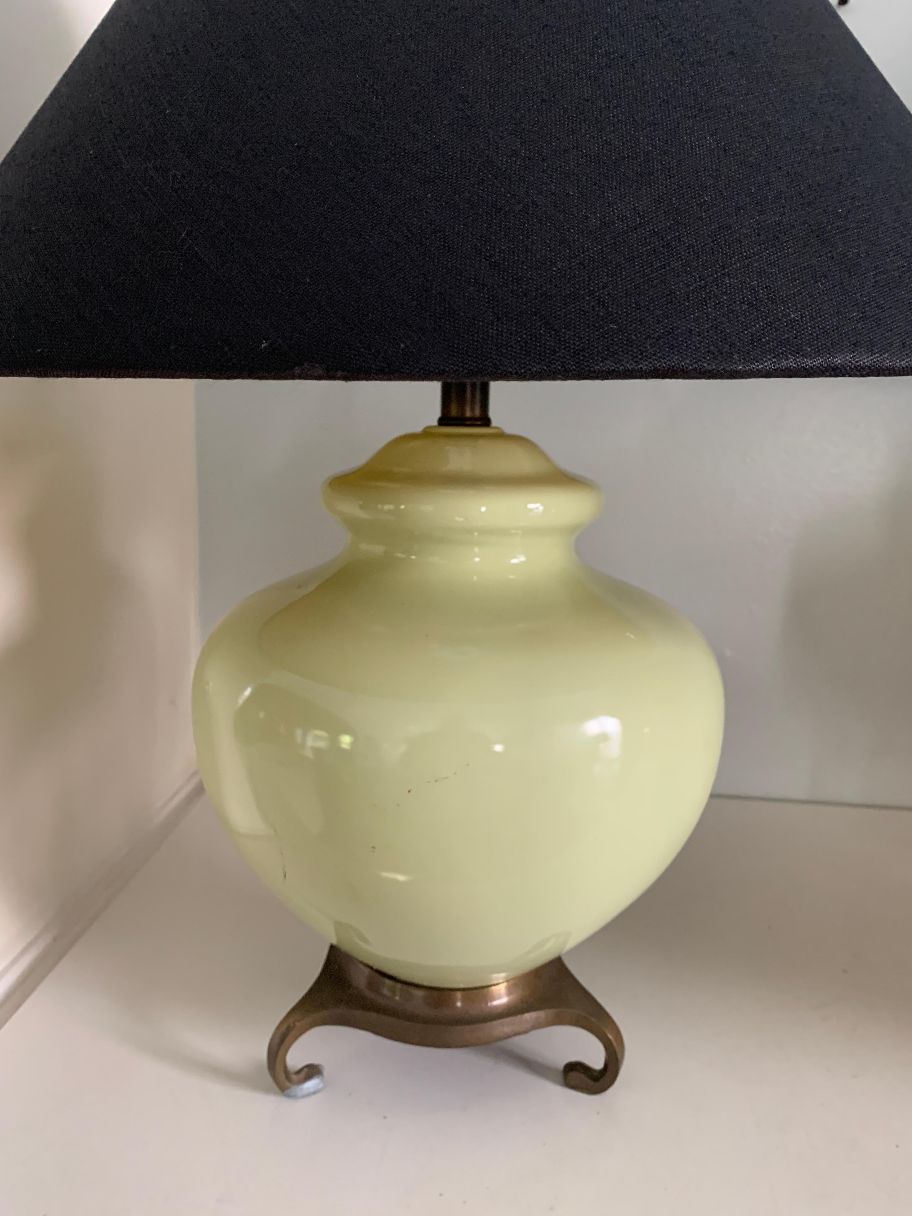 Pair Mint Green Glass Lamps with Asian Style Brass Base In Good Condition In Los Angeles, CA