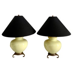 Pair Mint Green Glass Lamps with Asian Style Brass Base