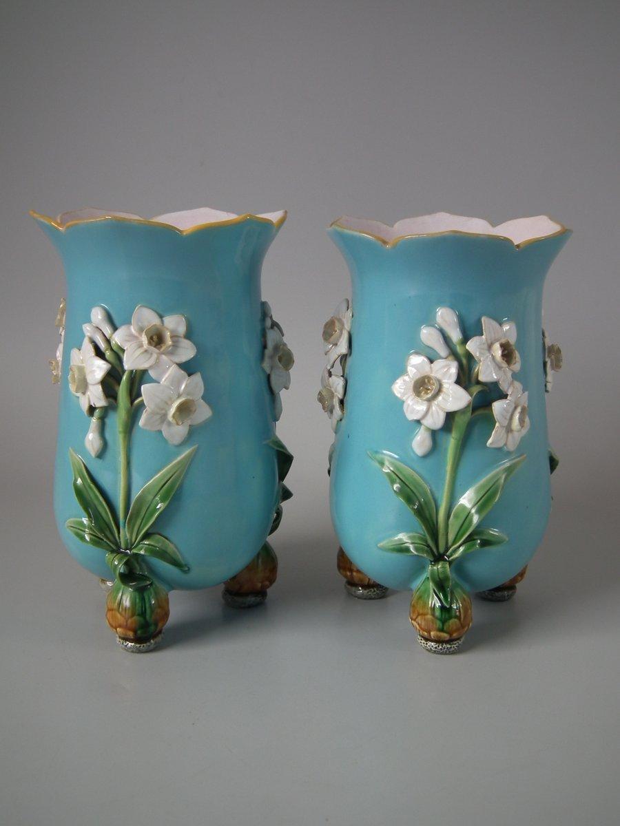 Pair of Minton Majolica Daffodil Vases In Fair Condition In Chelmsford, Essex