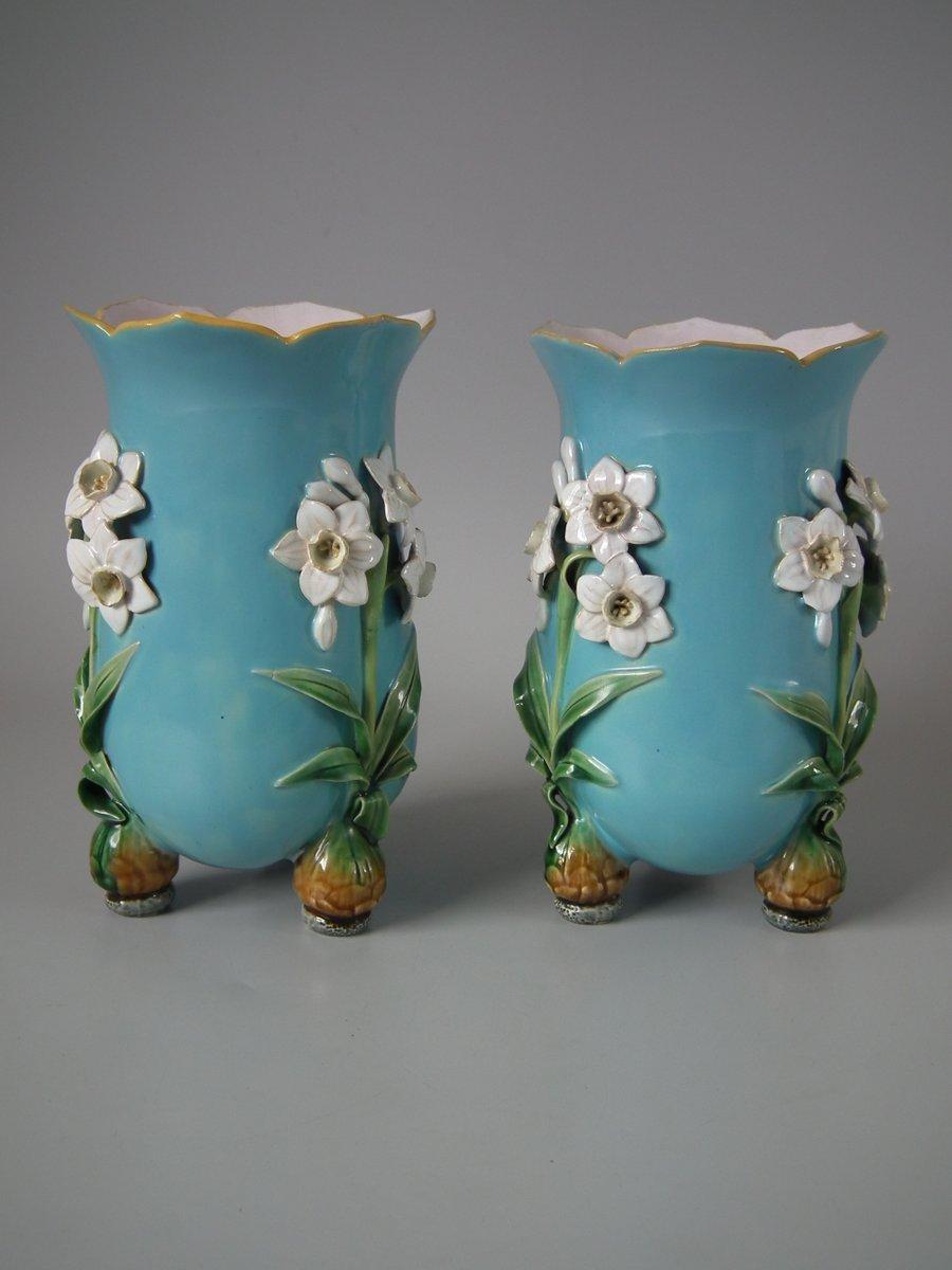 Mid-19th Century Pair of Minton Majolica Daffodil Vases