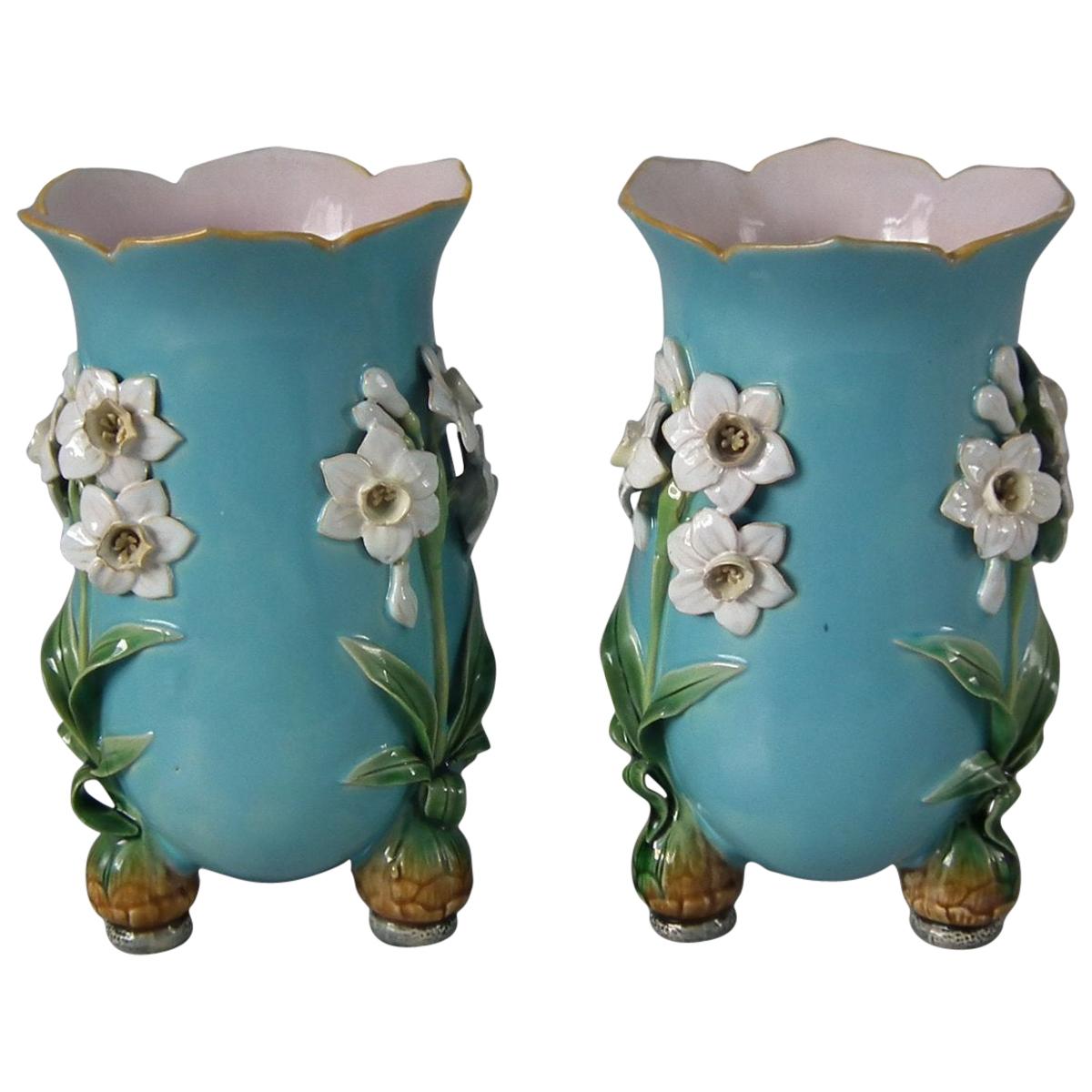 Pair of Minton Majolica Daffodil Vases