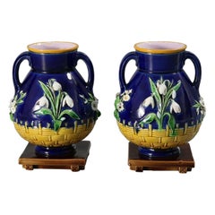 Pair Minton Majolica Floral Vases with Twin Handles