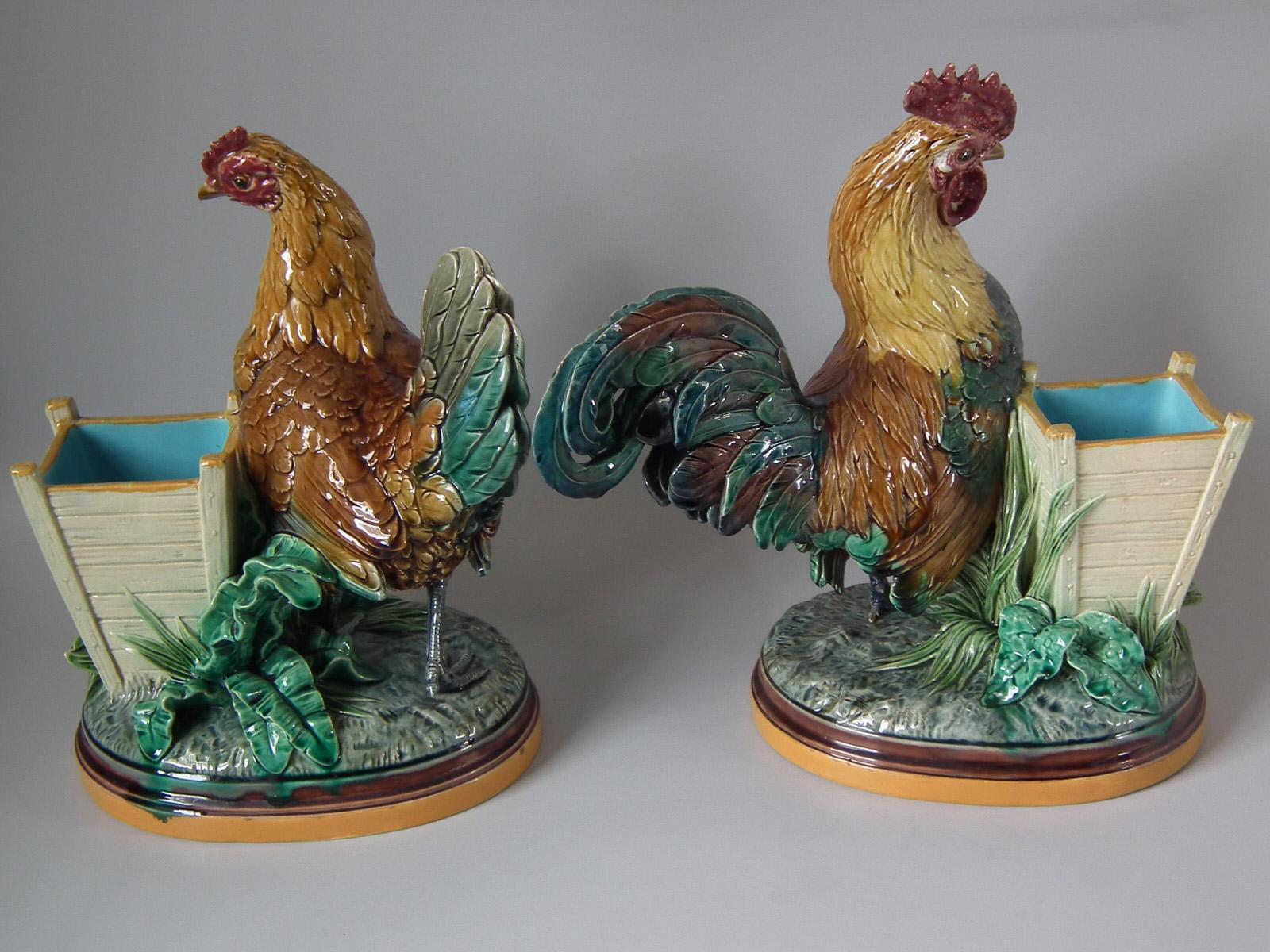 Victorian Pair of Minton Majolica Hen and Rooster Vases by John Henk For Sale