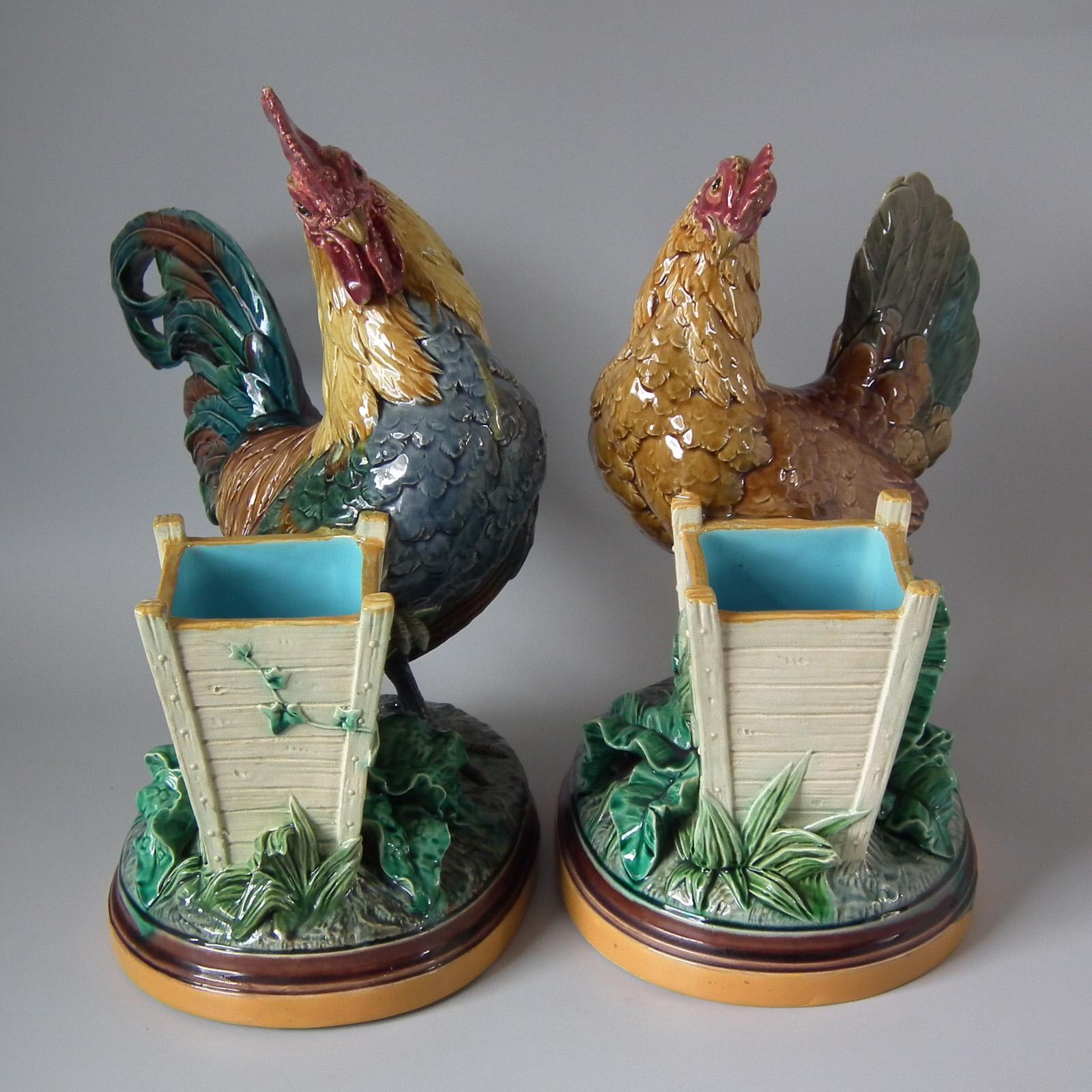 British Pair of Minton Majolica Hen and Rooster Vases by John Henk For Sale