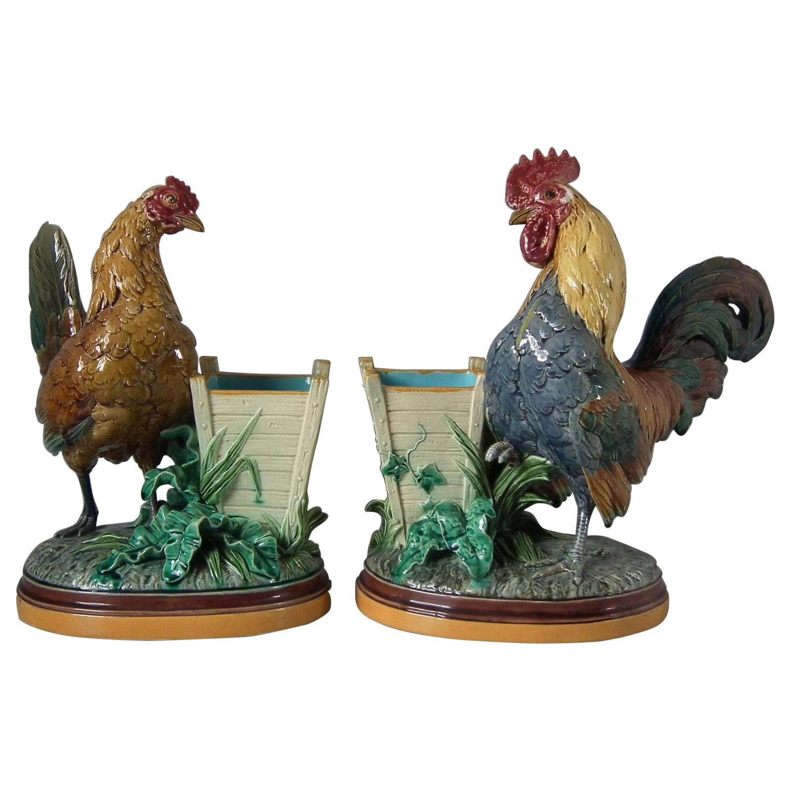 Pair of Minton Majolica Hen and Rooster Vases by John Henk