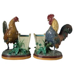 Antique Pair of Minton Majolica Hen and Rooster Vases by John Henk