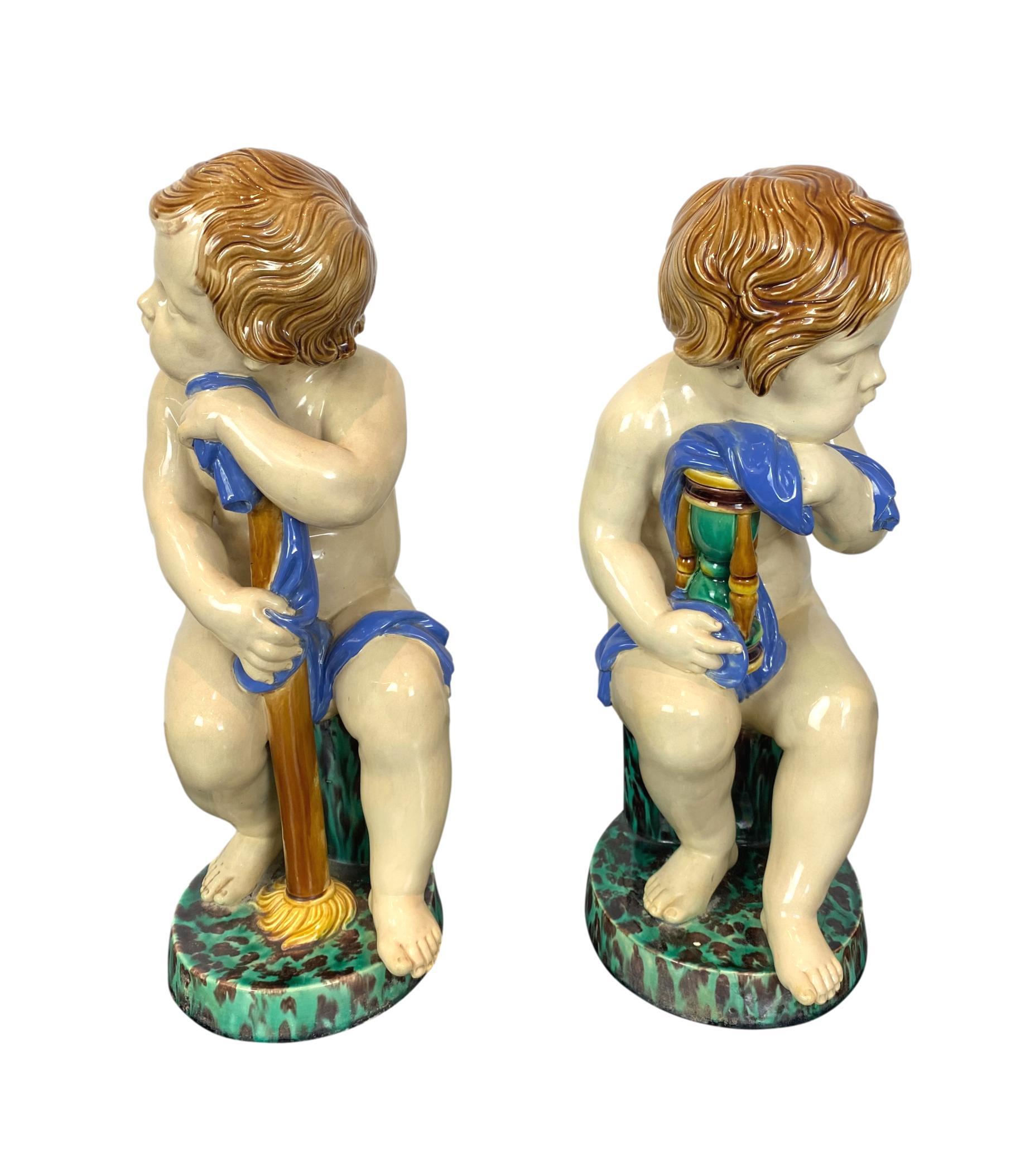 Victorian Pair Minton Majolica Putti Figures Allegorical of Time Passage, 1862, H-19ins