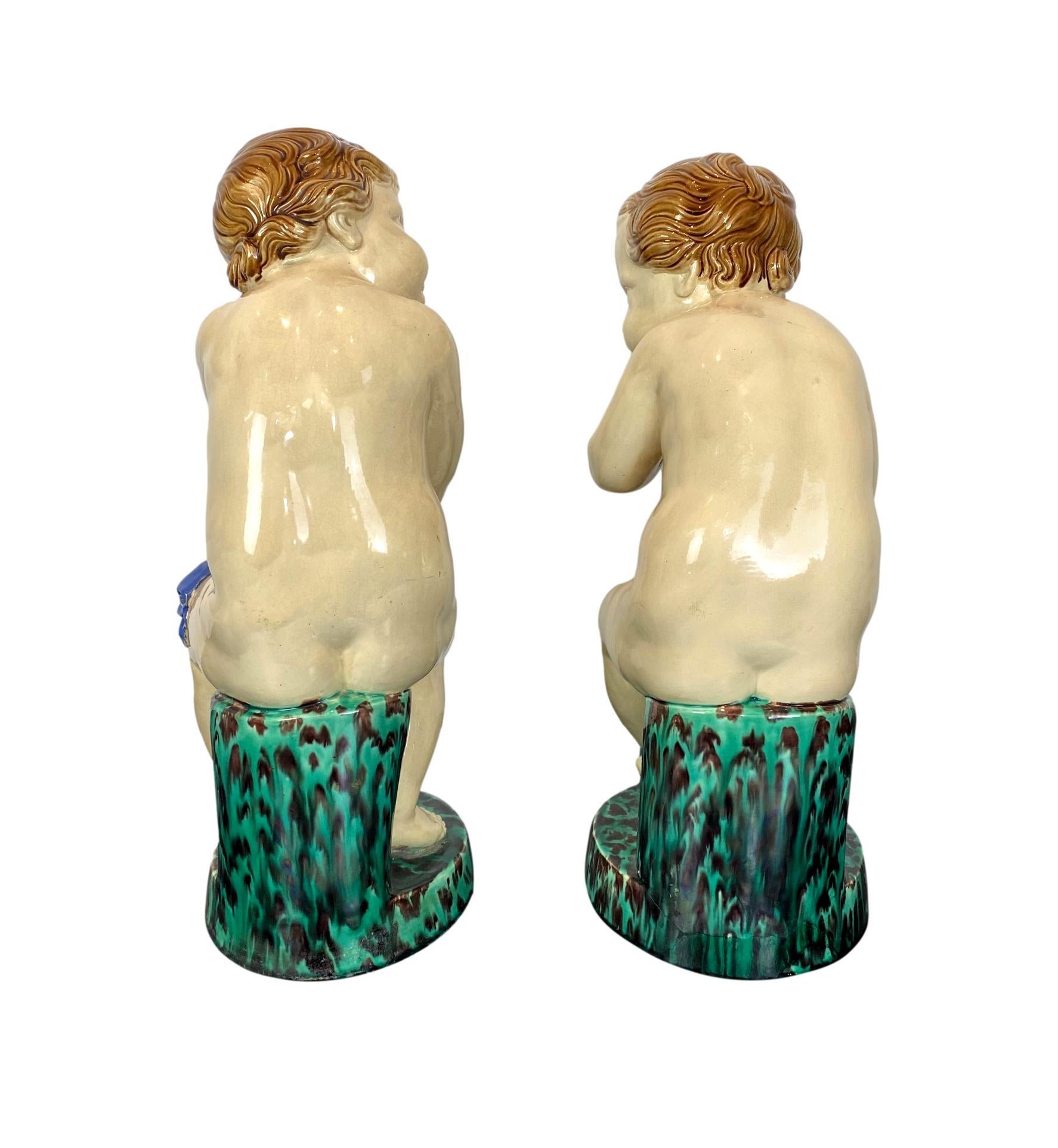 English Pair Minton Majolica Putti Figures Allegorical of Time Passage, 1862, H-19ins