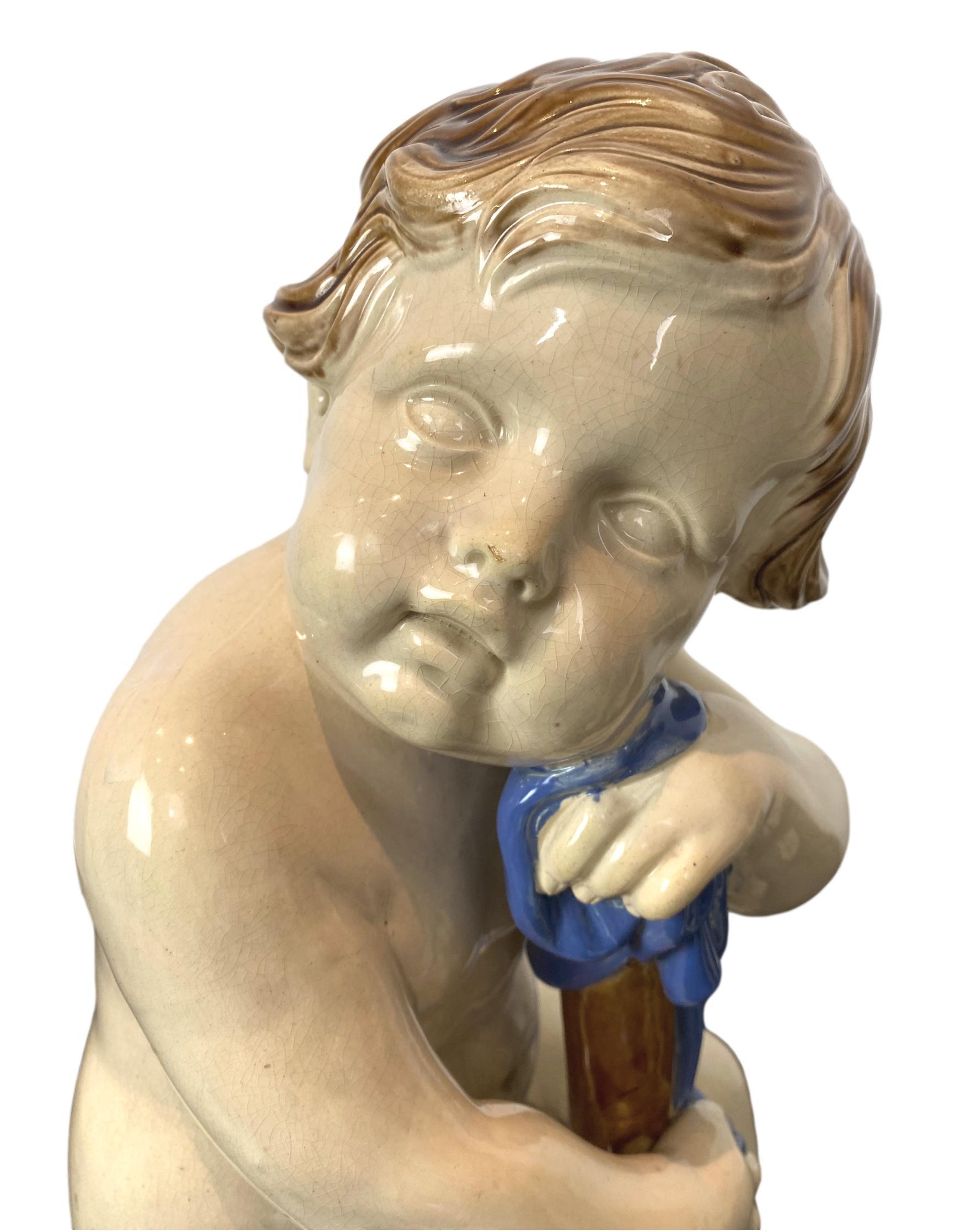 Pair Minton Majolica Putti Figures Allegorical of Time Passage, 1862, H-19ins In Good Condition In Banner Elk, NC