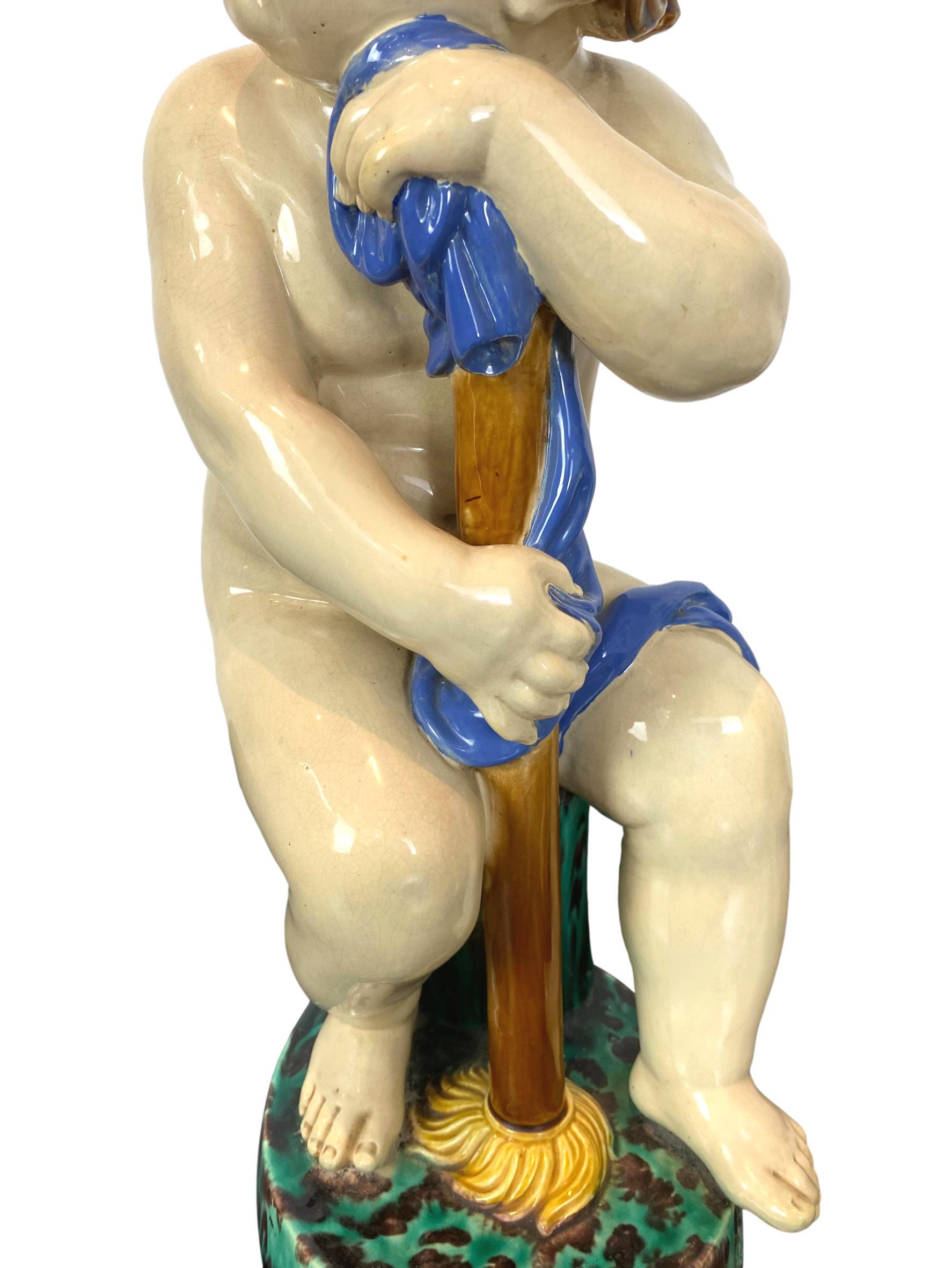 19th Century Pair Minton Majolica Putti Figures Allegorical of Time Passage, 1862, H-19ins