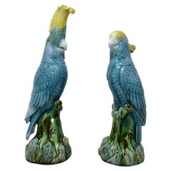 Pair Minton Majolica Staffordshire Porcelain Birds Parakeets Cockrels Cockatoo