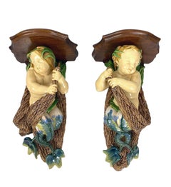 Minton Majolica Wall Brackets, Merbabies with Fishnets and Bulrushes, 1859, Pair