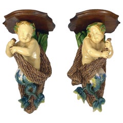 Antique Minton Majolica Wall Brackets, Merbabies with Fishnets and Bulrushes, 1859, Pair