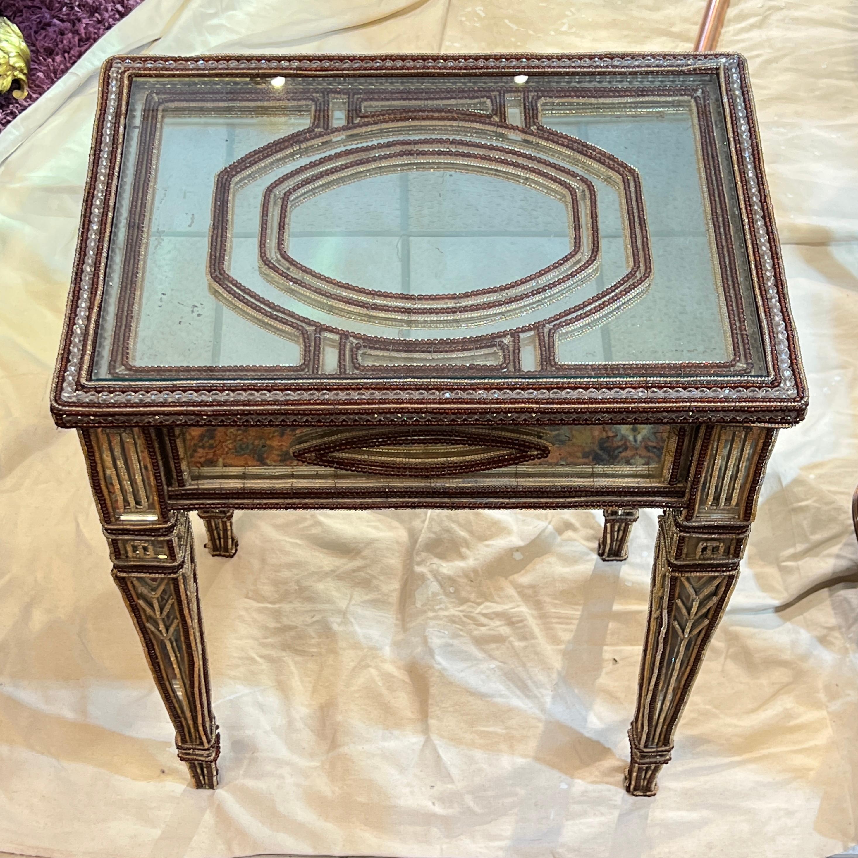 French Pair Mirrored and Beaded Glass Side Tables For Sale