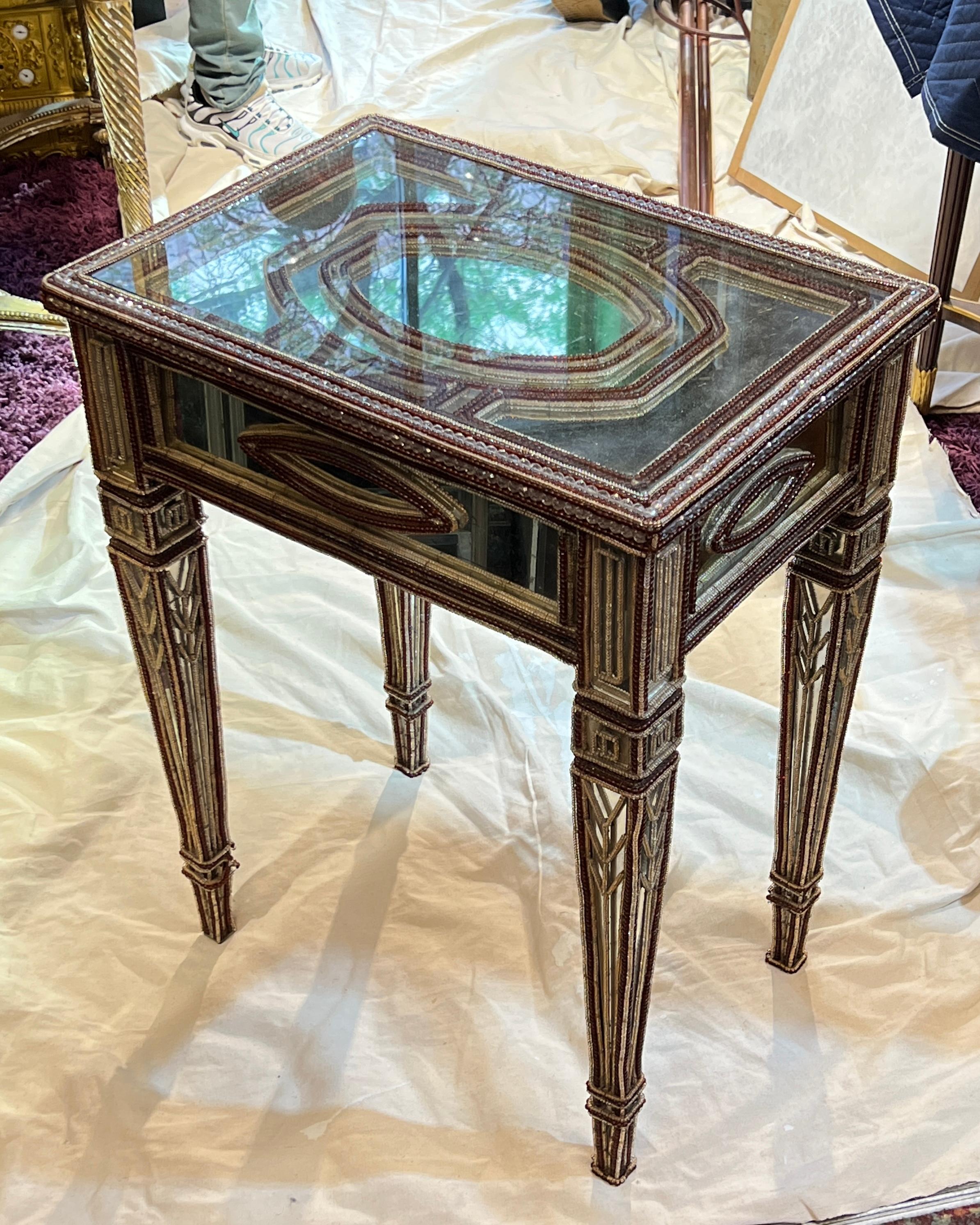 Pair Mirrored and Beaded Glass Side Tables In Good Condition For Sale In New York, US