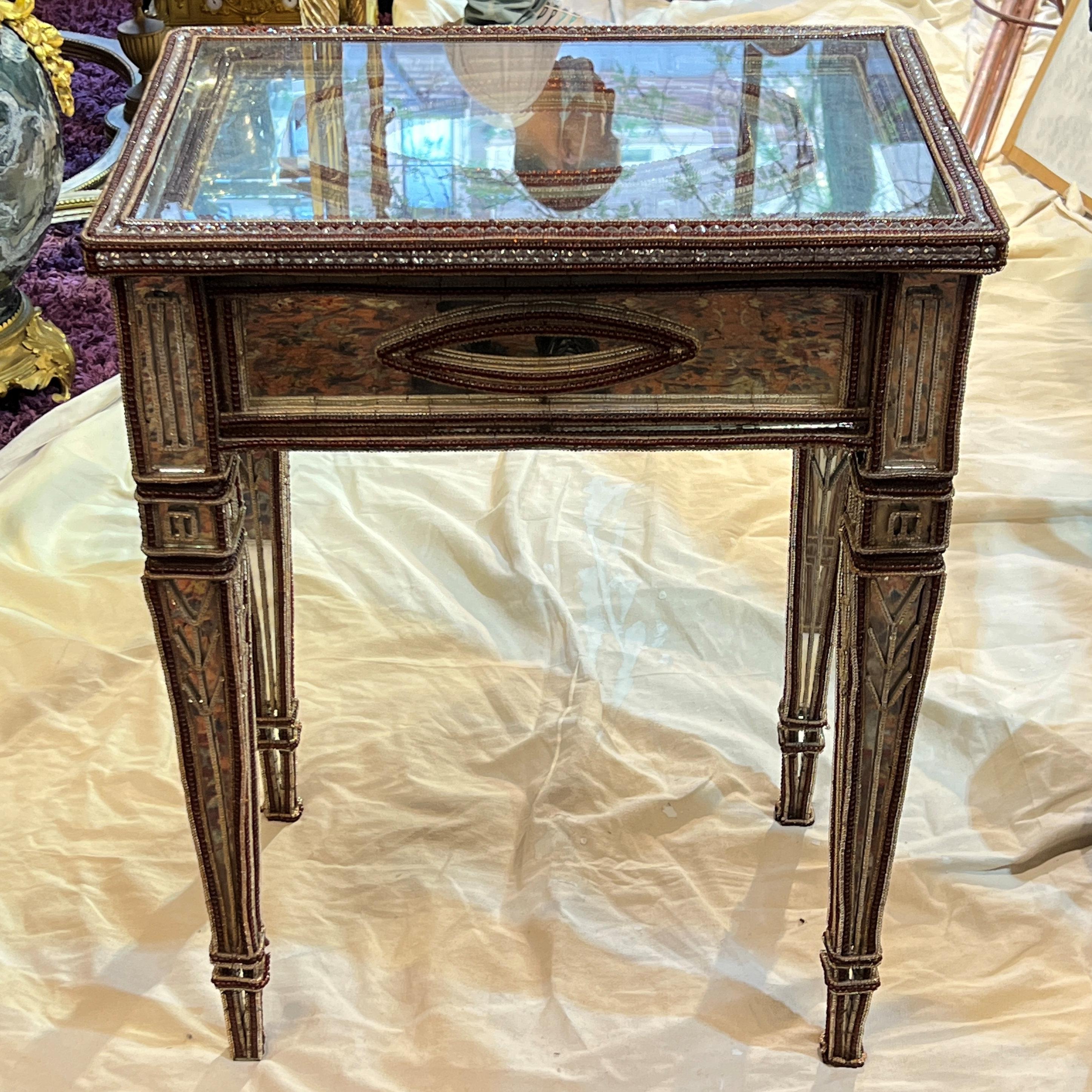 20th Century Pair Mirrored and Beaded Glass Side Tables For Sale