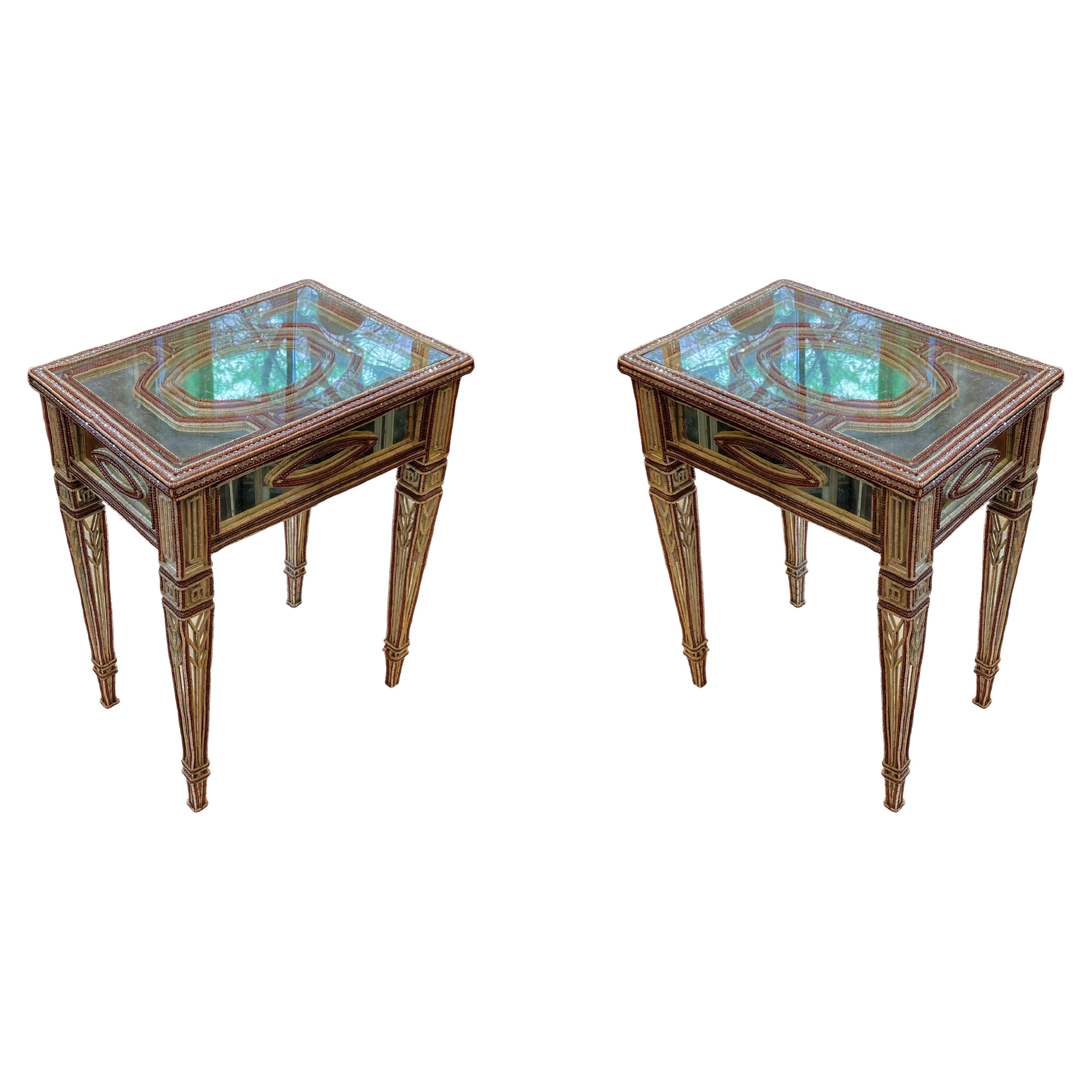 Pair Mirrored and Beaded Glass Side Tables For Sale
