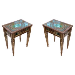 Antique Pair Mirrored and Beaded Glass Side Tables