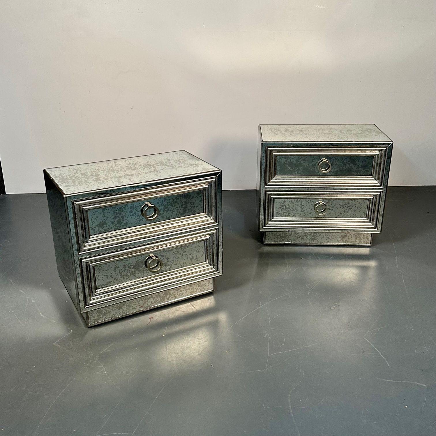 Contemporary Pair Mirrored Hollywood Regency Nightstands, End Tables, Side Tables, Distressed