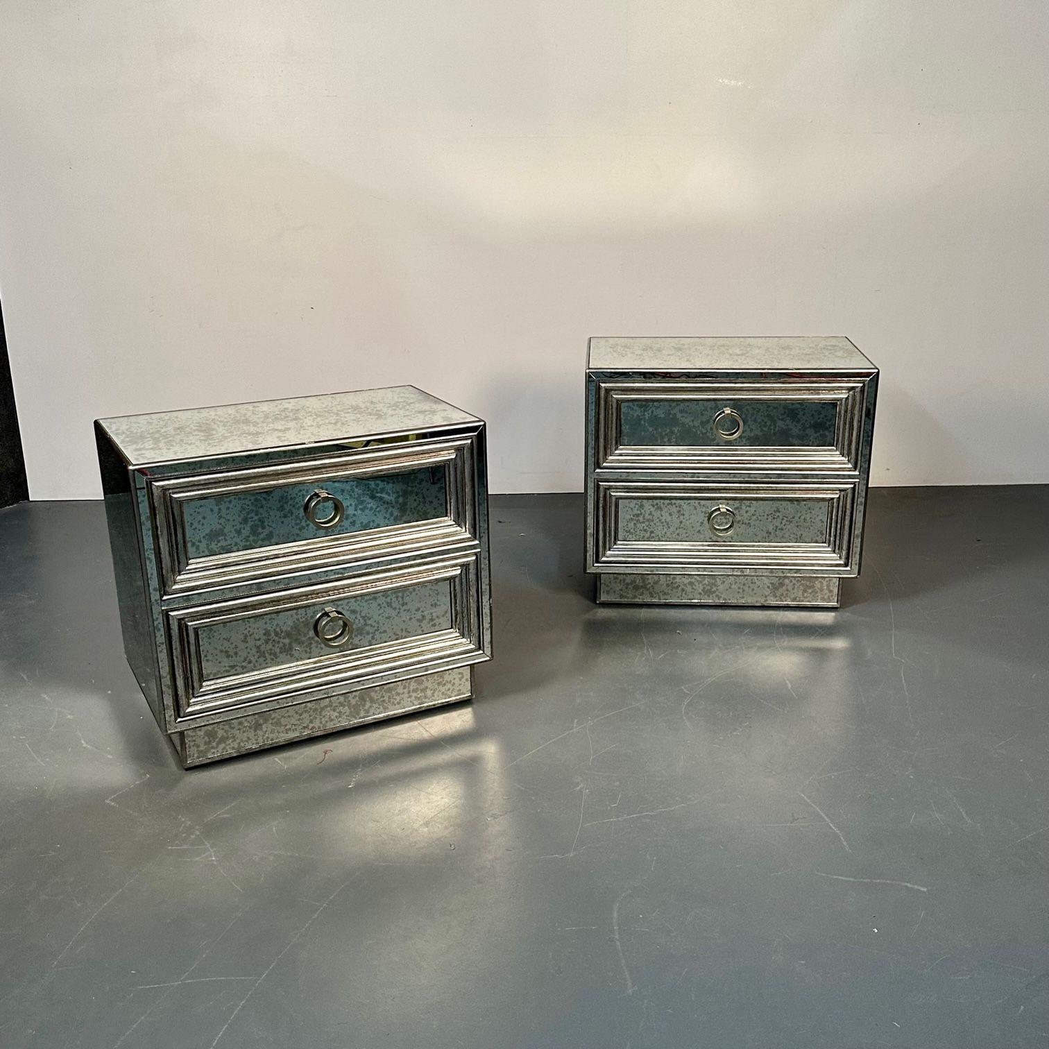 Pair Mirrored Hollywood Regency Nightstands, End Tables, Side Tables, Distressed 2
