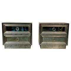 Pair Mirrored Hollywood Regency Nightstands, End Tables, Side Tables, Distressed