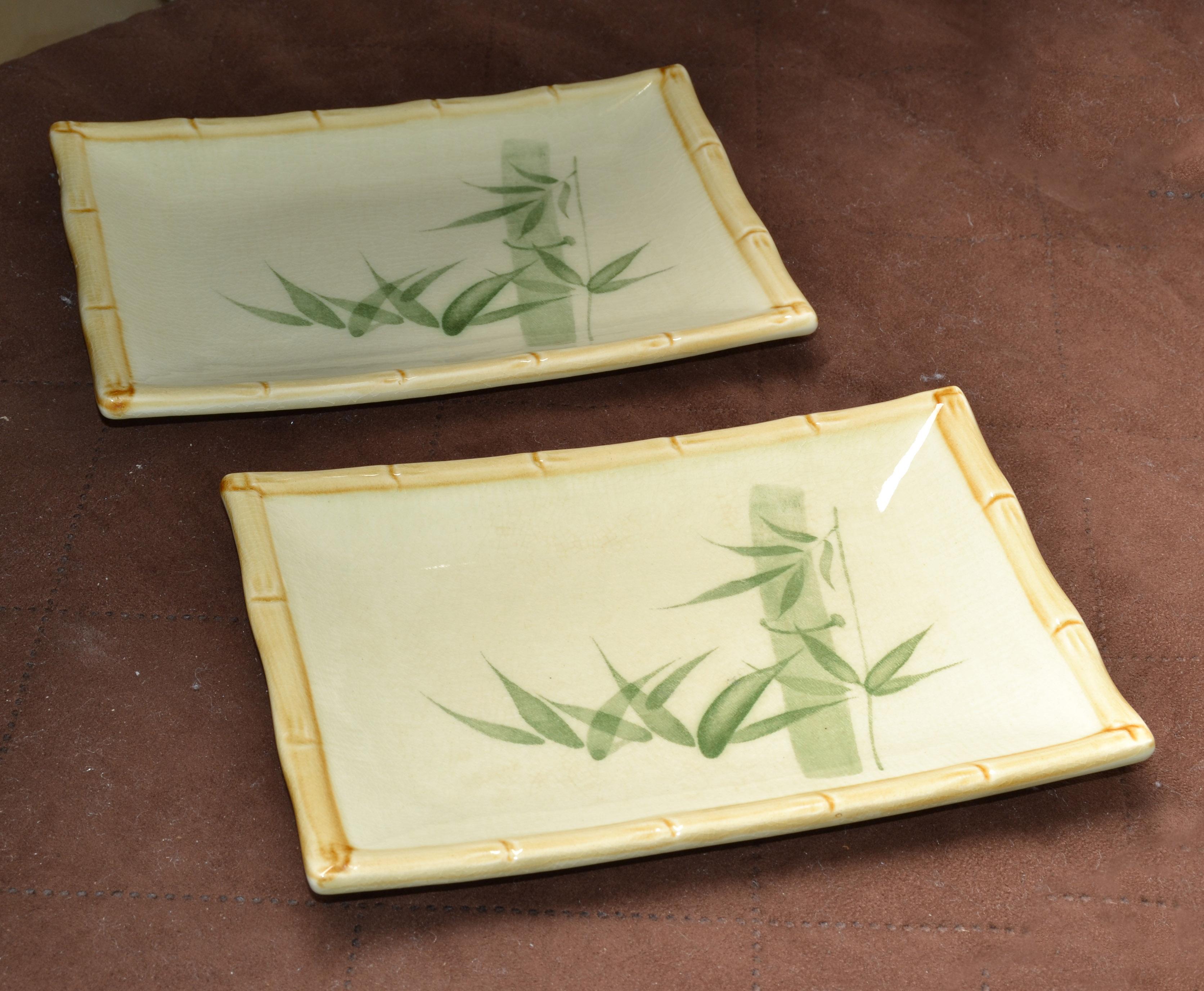 Pair Miya Japan Porcelain Sushi Serving Plates Trays Green Beige Bamboo Décor  For Sale 2
