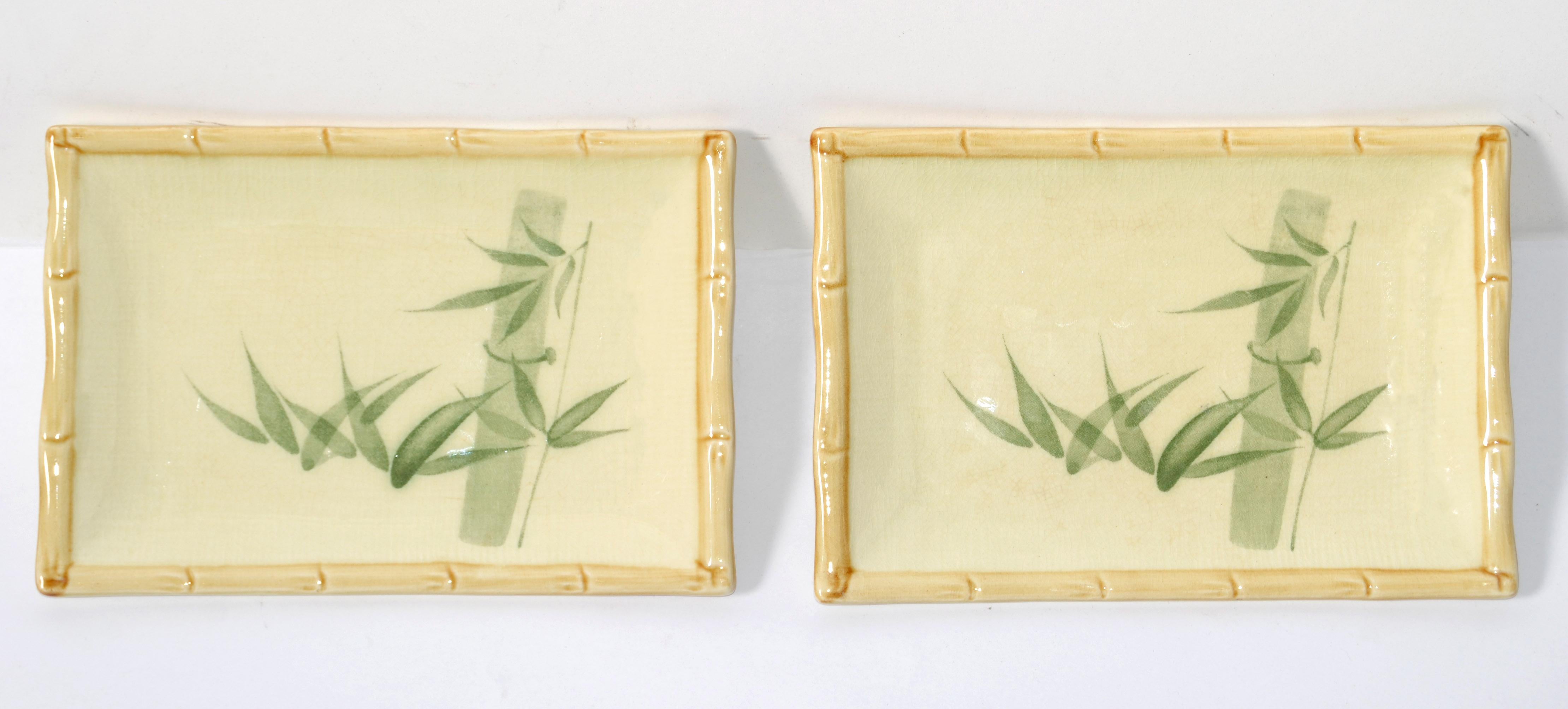 Miya Japan Pair of Porcelain Serving Trays or rectangle Plates for Sushi. Made in Japan circa 1980 and have a hand painted Bamboo Décor and framed in faux bamboo texture.
In very good condition with minor signs of wear.
Makers Gold Foil label at