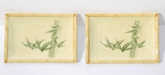 Pair Miya Japan Porcelain Sushi Serving Plates Trays Green Beige Bamboo Décor
