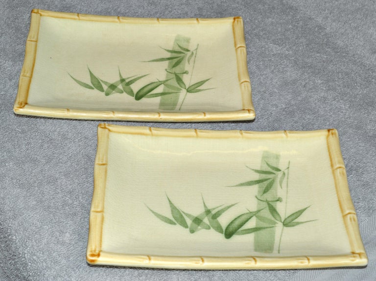 Pair Miya Japan Porcelain Sushi Serving Plates Trays Green Beige Bamboo