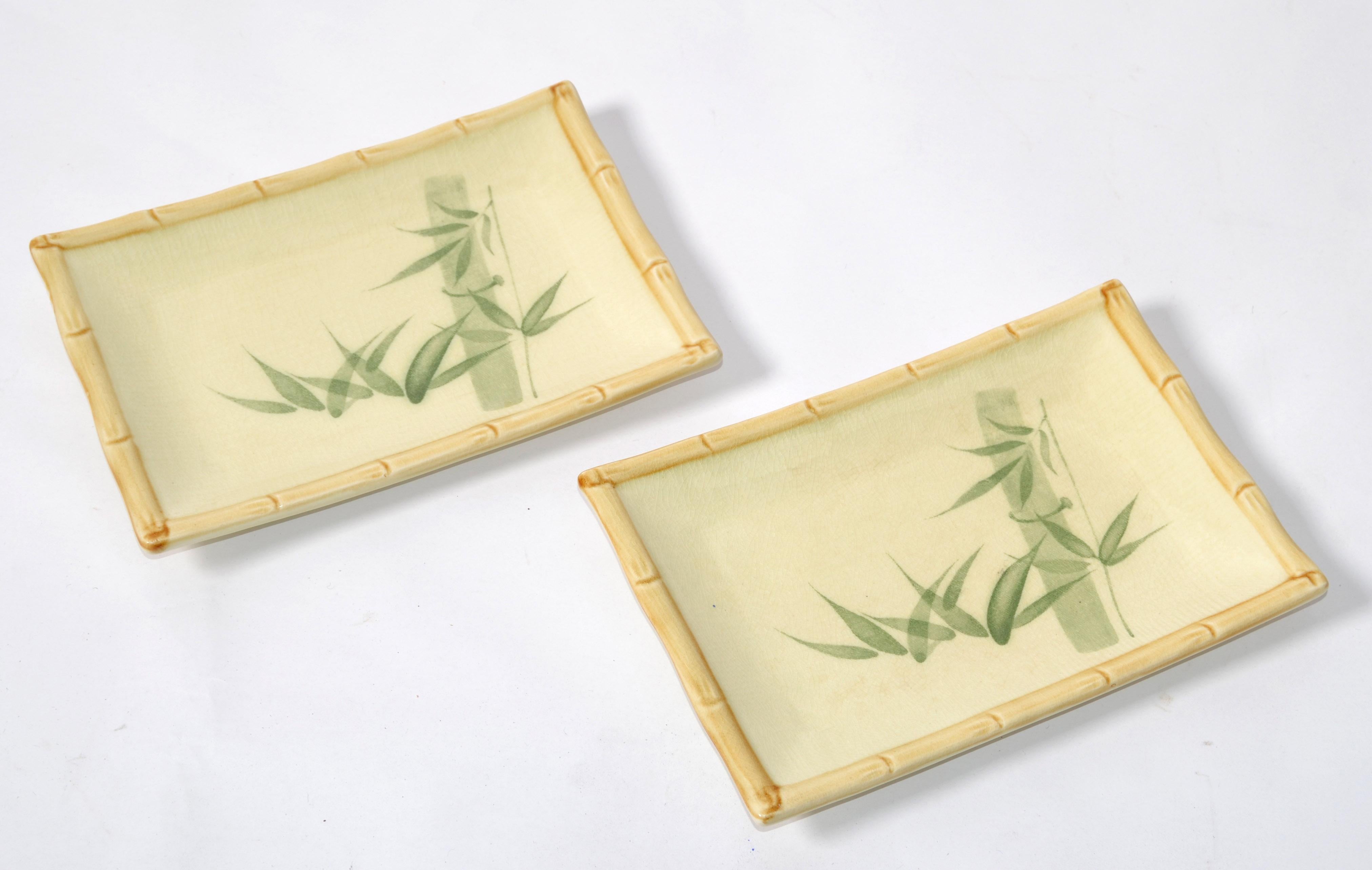 Hollywood Regency Pair Miya Japan Porcelain Sushi Serving Plates Trays Green Beige Bamboo Décor  For Sale